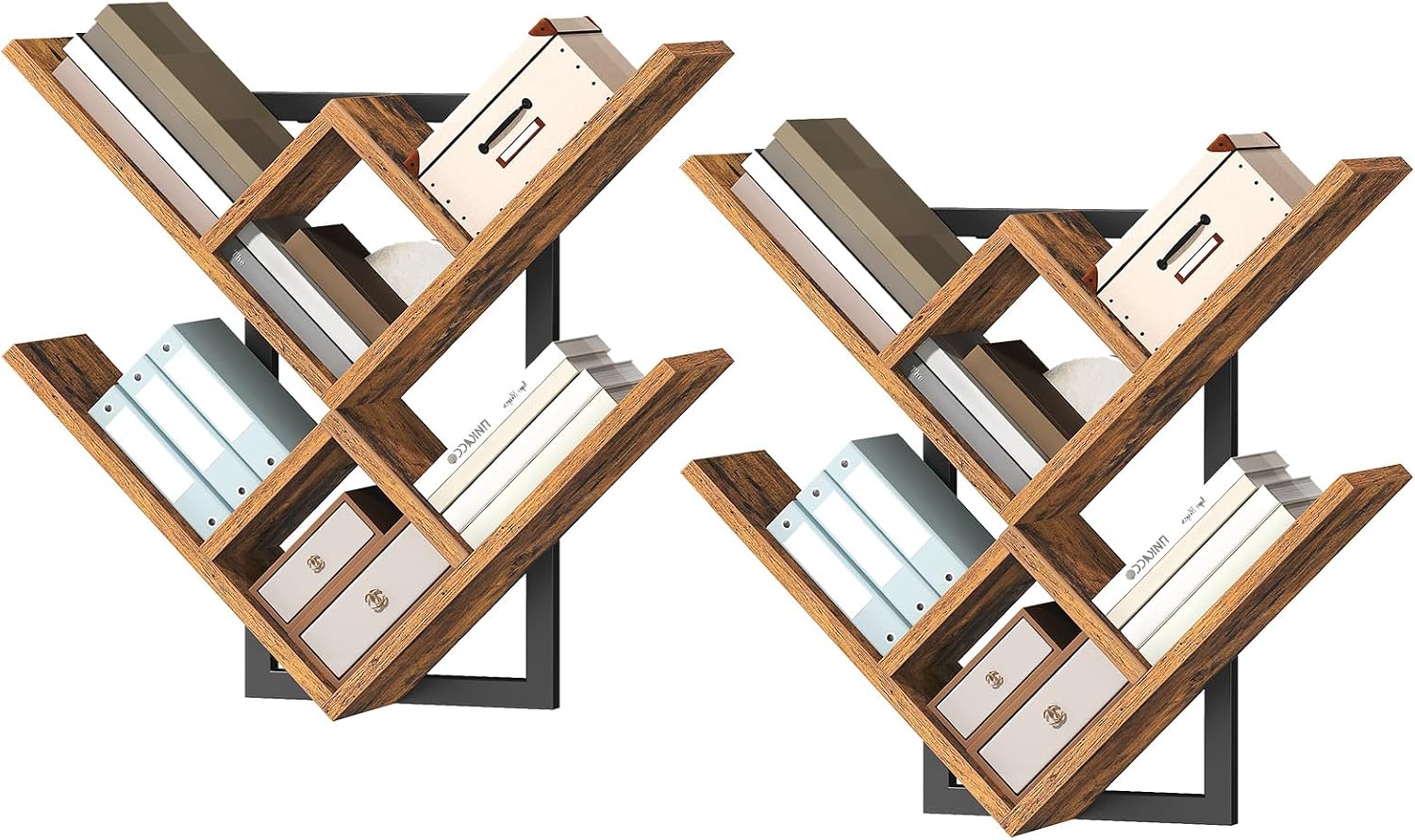 HOOBRO Floating Shelves for Wall, Set of 2 Wall Mounted Shelves, 2-Tier Wooden Tree Bookshelf, Hanging Shelves Storage