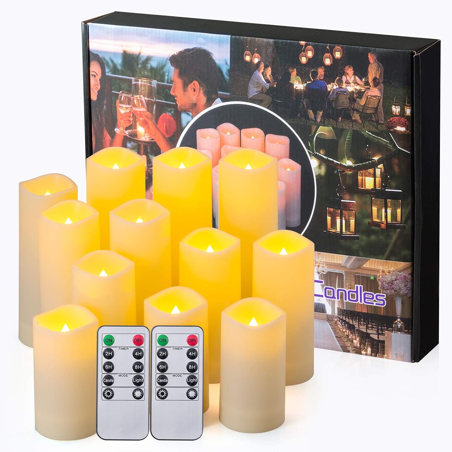 Waterproof Flickering Flameless Candles, Set of 12 Battery Operated Candles (D2.2'' x H4''5''6''7"), Outdoor Indoor
