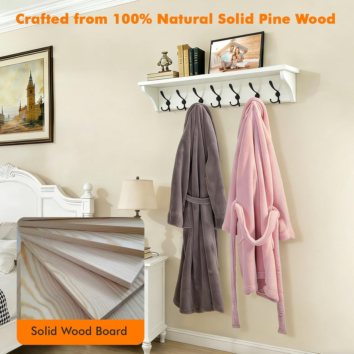33" Coat Rack with Shelf Wall Mount, Pre-Assembled Solid Wood Coat Hooks with Shelf, Wall Coat Hanger with 7 Metal