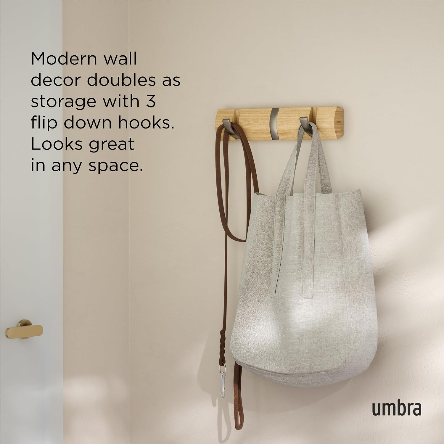 Umbra Flip Coat Rack, Wall Mount Retractable Hooks, 3-Hook, Natural/Nickel | Real wood and steel build, folds flat when
