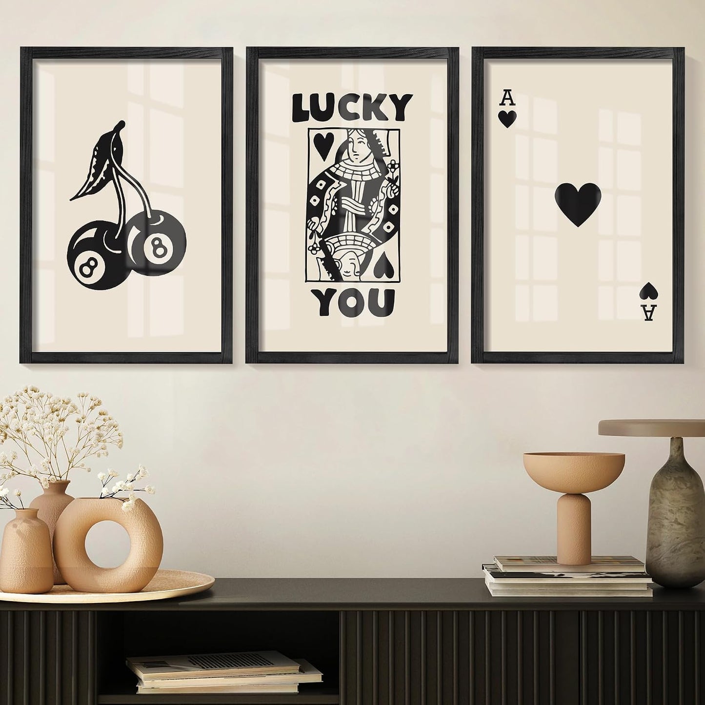Heiple Framed Set of 3 Poker Wall Art Lucky You Poster, Trendy Retro Wall Art for Queen of Hearts Wall Art Rustic