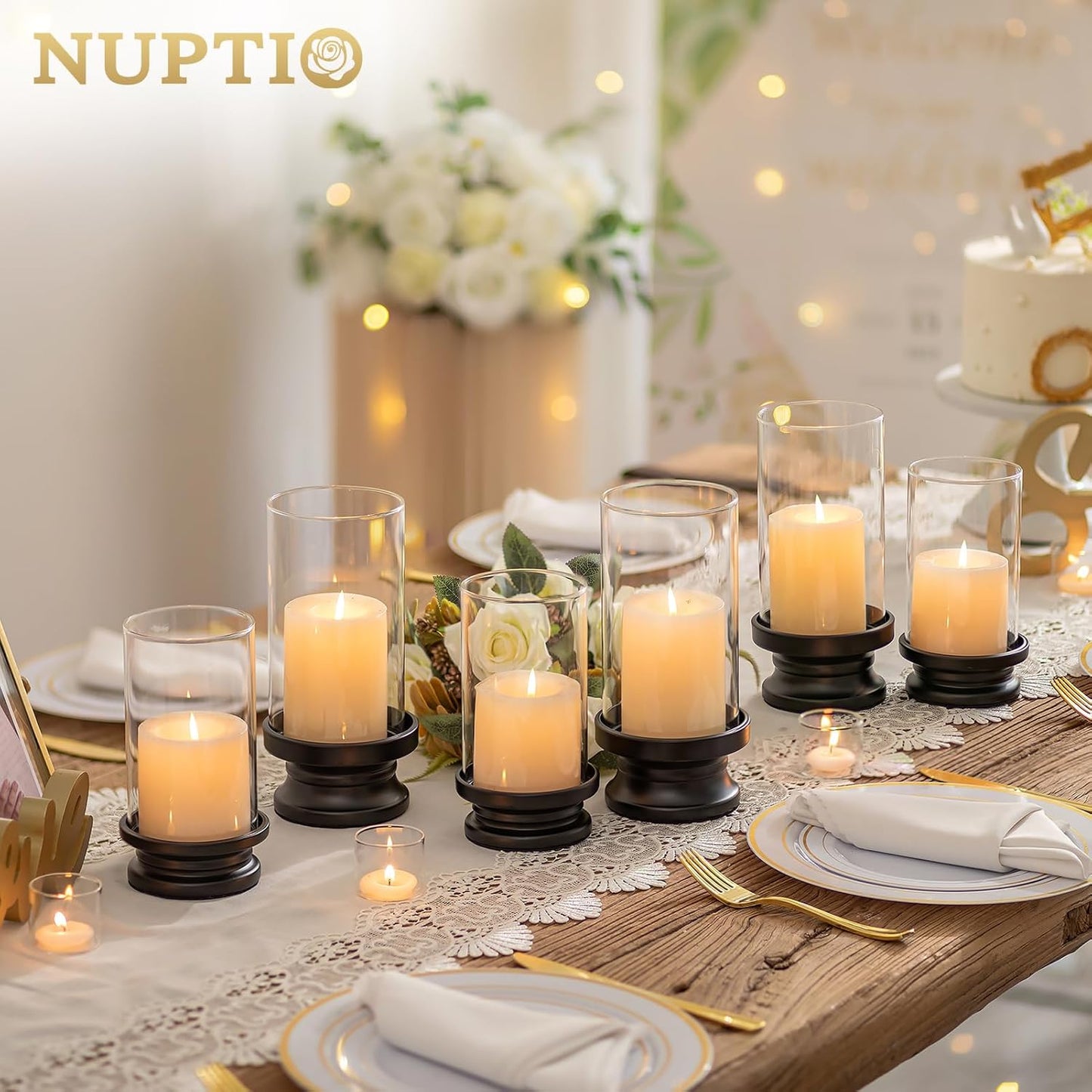 NUPTIO Hurricane Candle Holder for Pillar - Set of 2 Black | Pillar Candle Holders with Thick Glass Cylinder - Iron