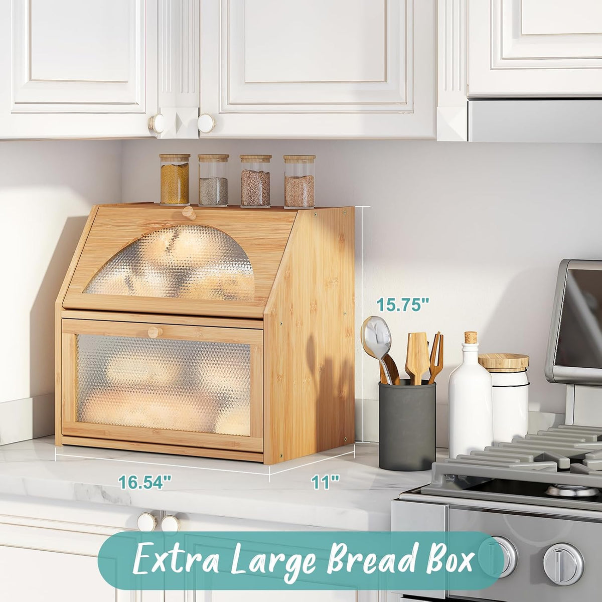 Extra Large Bread Box for Kitchen Counter, Bamboo Wood Double Layer Bread Box for Kitchen Counter, Wooden Capacity