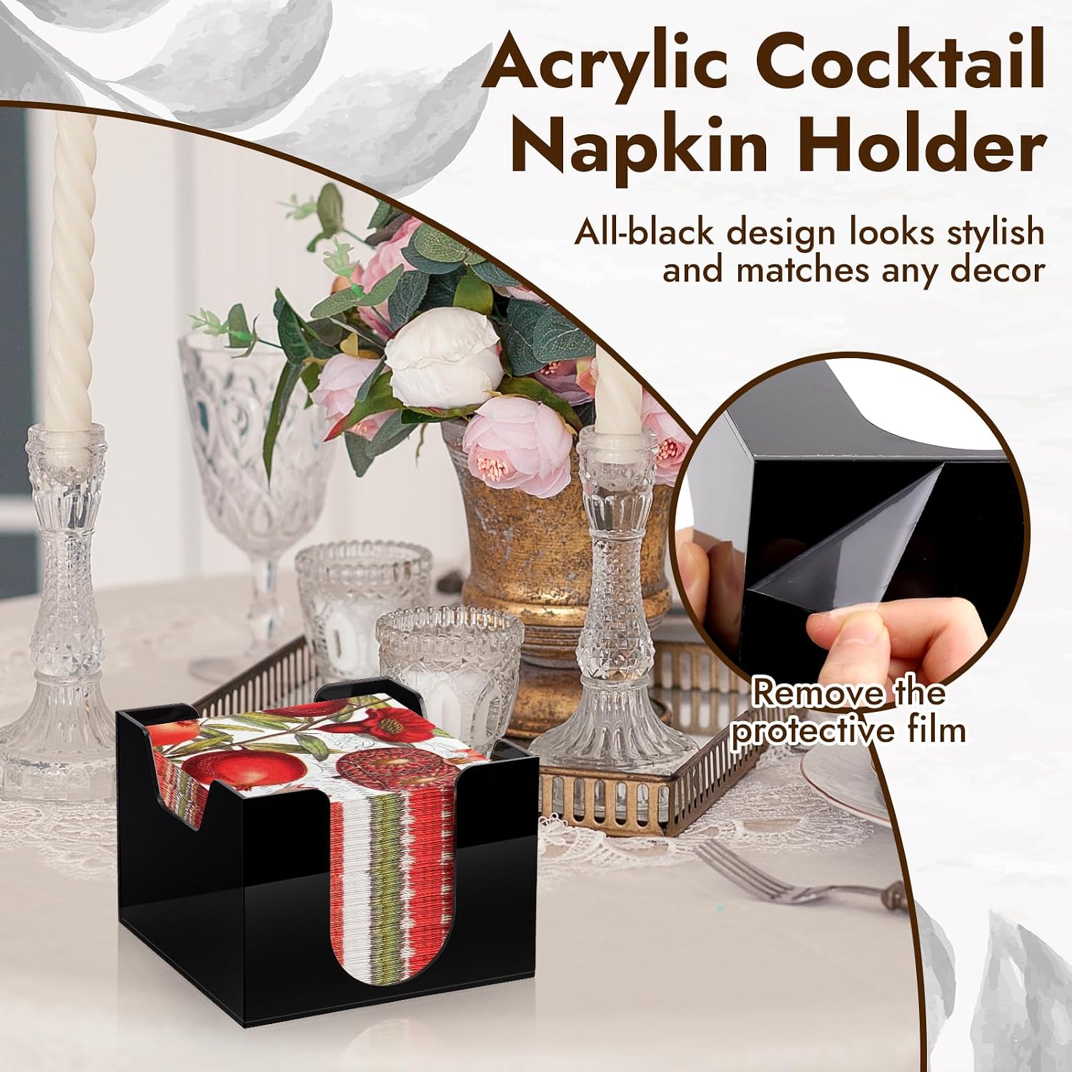 Acrylic Cocktail Napkin Holder Deep for Napkin Bar Napkin Holder Caddy Square Paper / Black / 5 x 5