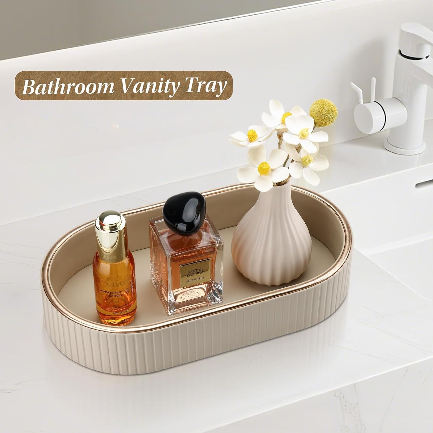 PU Leather Perfume Tray Nightstand Organizer / Beige