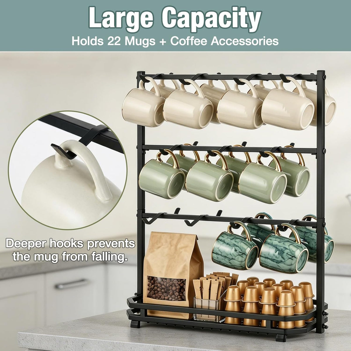 Coffee Mug Holder for Countertop, 22 Hooks Metal Coffee Cup Holder Rack | 3 Tier Mug Tree Holder Rack, Mug Tree Stand