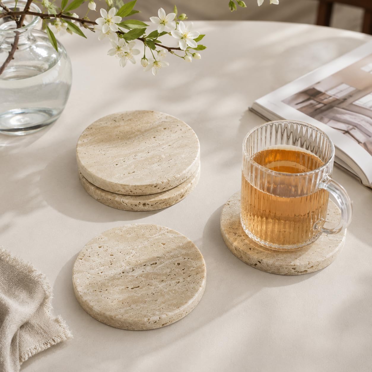 Natural Travertine Coasters / Beige / Set of 4