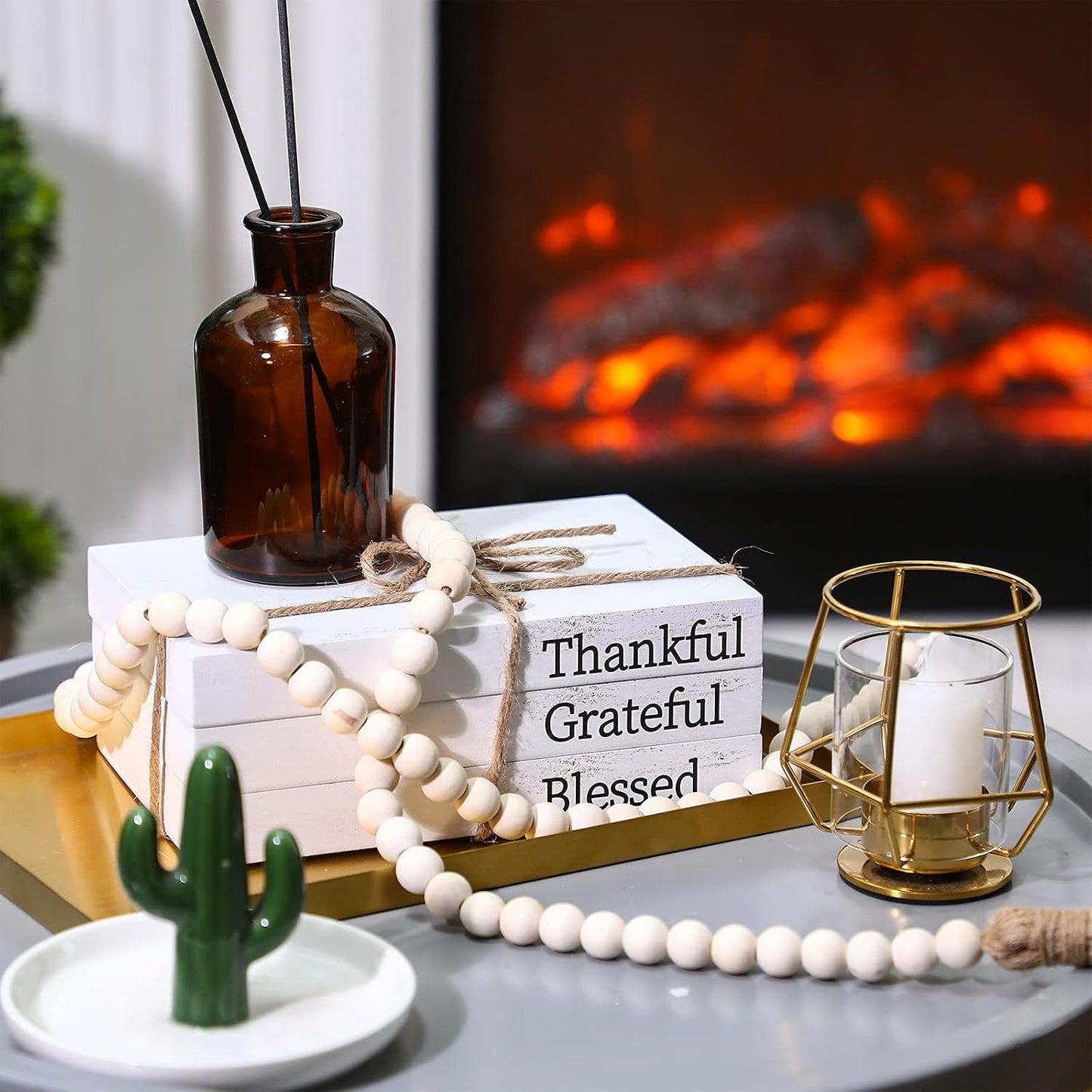 Wood Bead Garland for Living / Thankful, Grateful, Blessed / White / 58 Inch / Set of 3