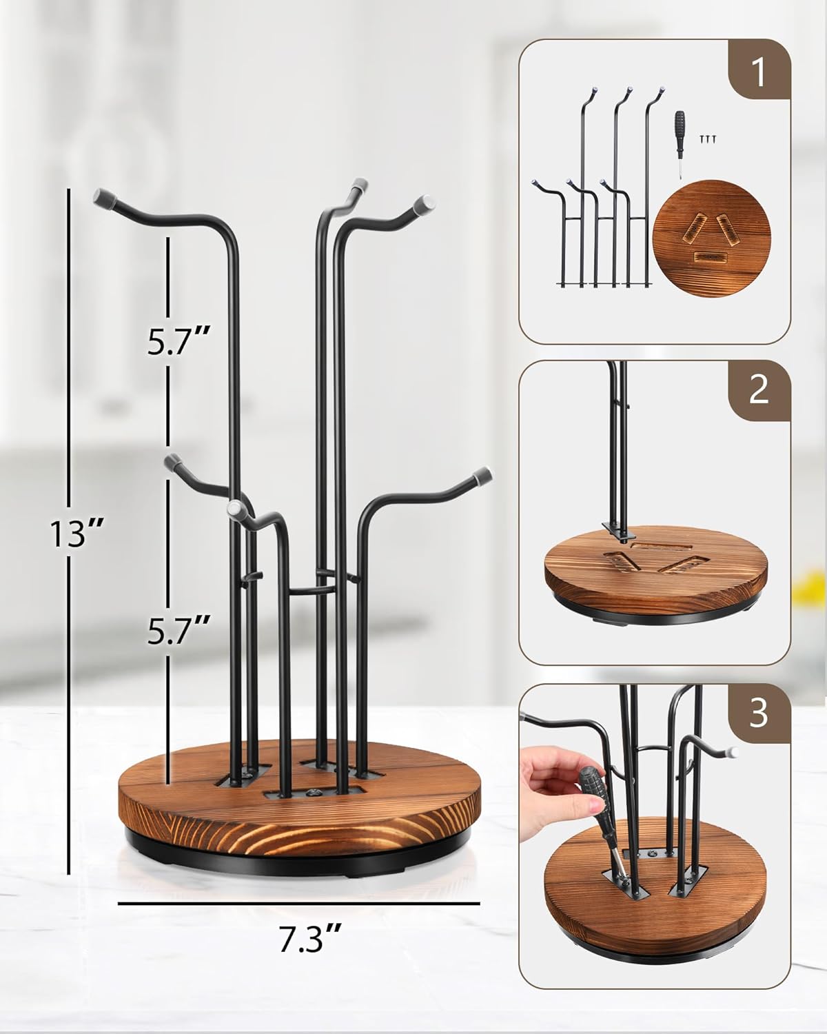 HULISEN 360° Rotating Mug Tree, Coffee Mug Holder for Large Cups, 6 Hooks | Cup Holder for Countertop, Stable Wooden