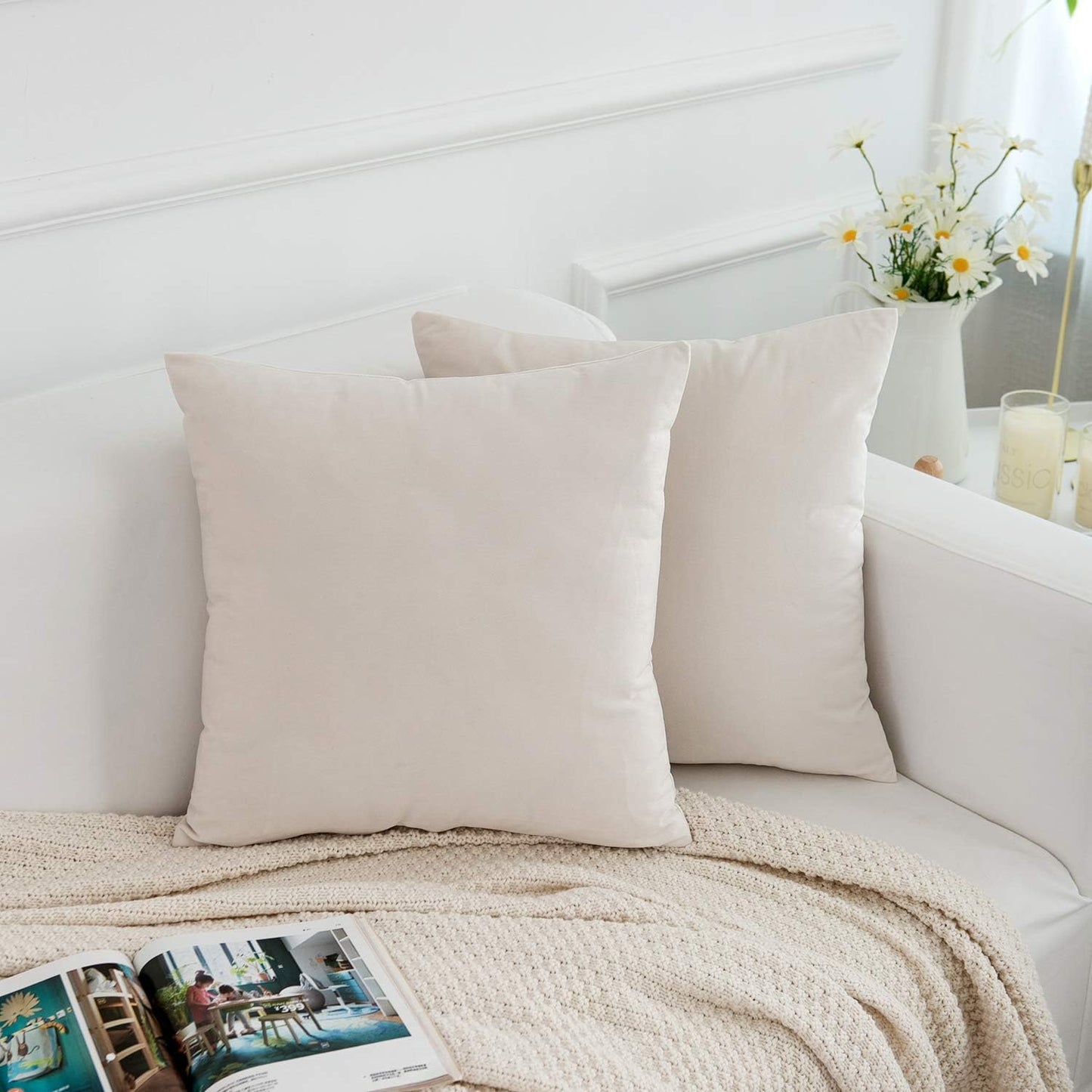 Velvet Decorative Throw Pillow Covers Cushion Cover Pillow Case / Cream / 18 x 18 / Set of 2