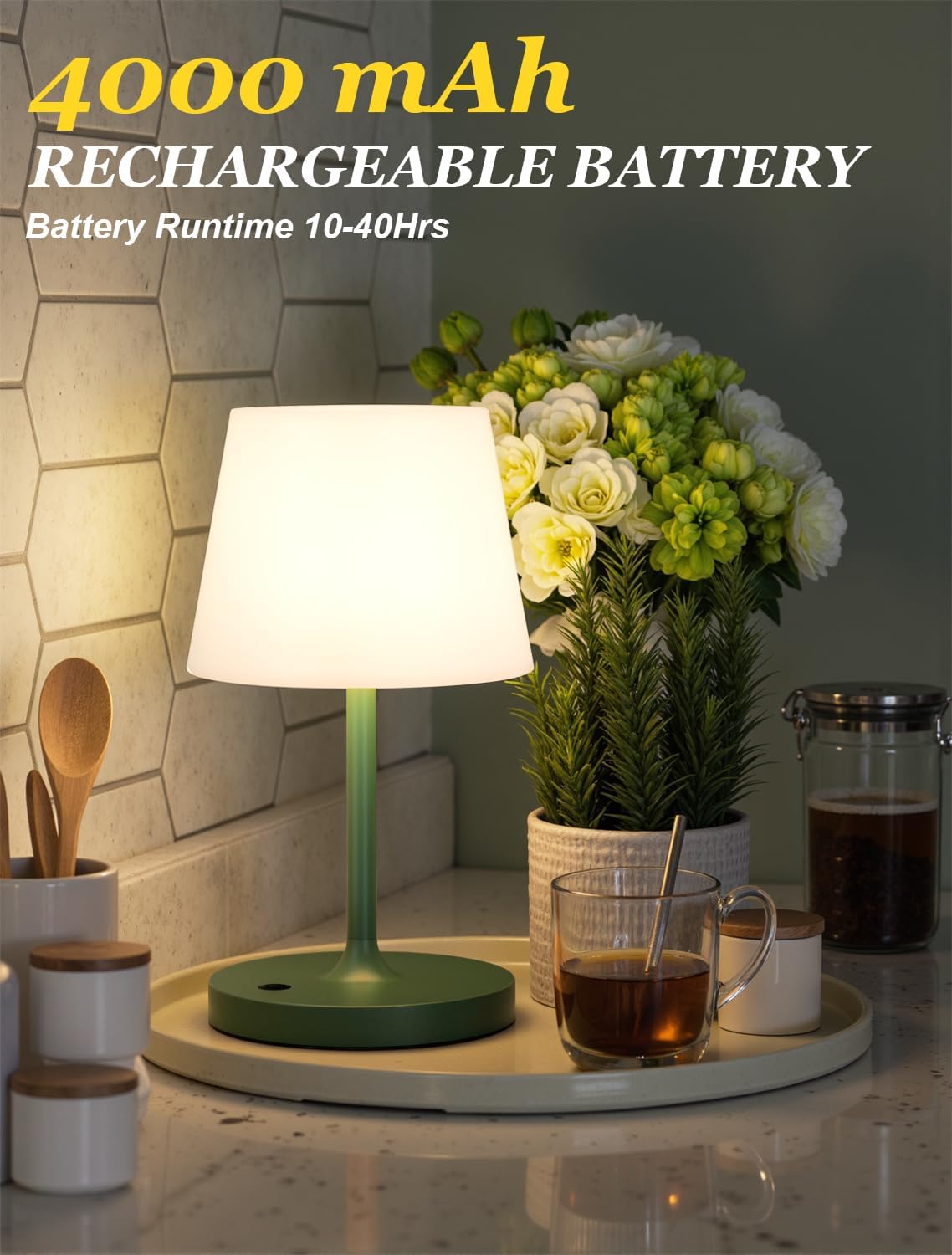 Kakanuo Green Cordless Shower Lamp Waterproof, Rechargeable Cordless Lamp with 4000mAh Battery, Touch Dimmable Table
