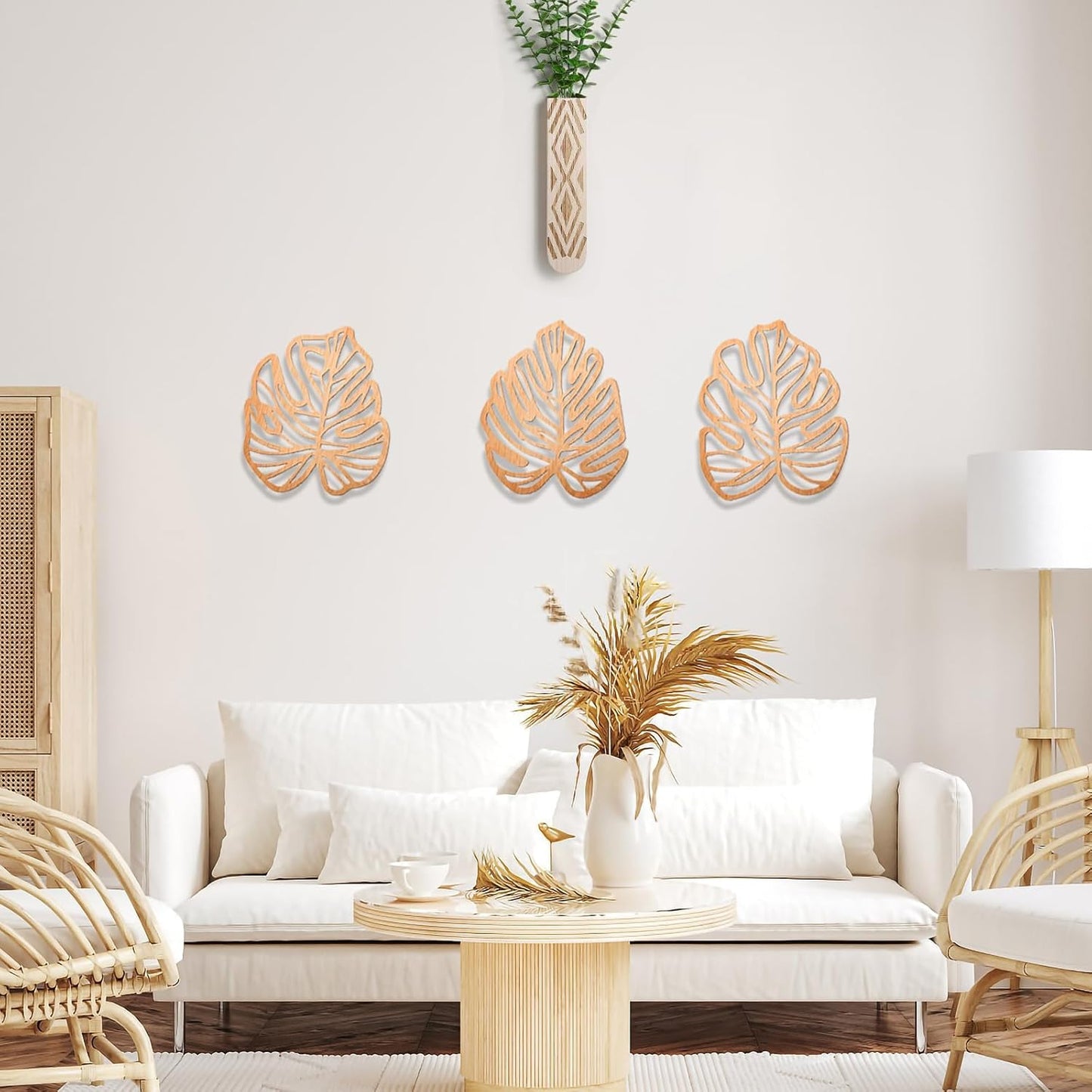 Wooden Natural Leaves Plant Wall Decor / Light Brown / Set of 3