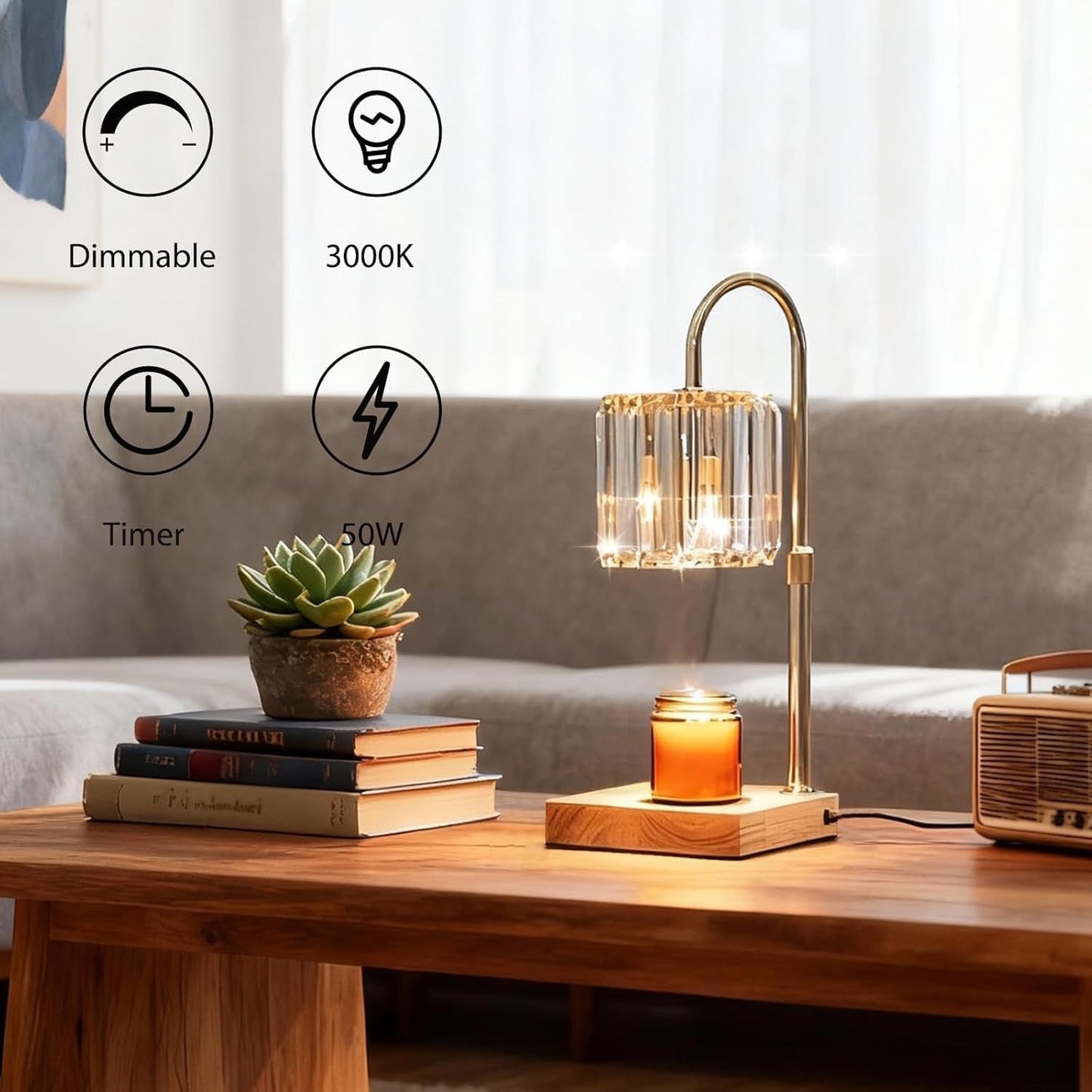 Yuichoy Candle Warmer Lamp with Timer, Dimmable Electric Candle Wamer Adjustable Height, Glass Modern Candles Melter