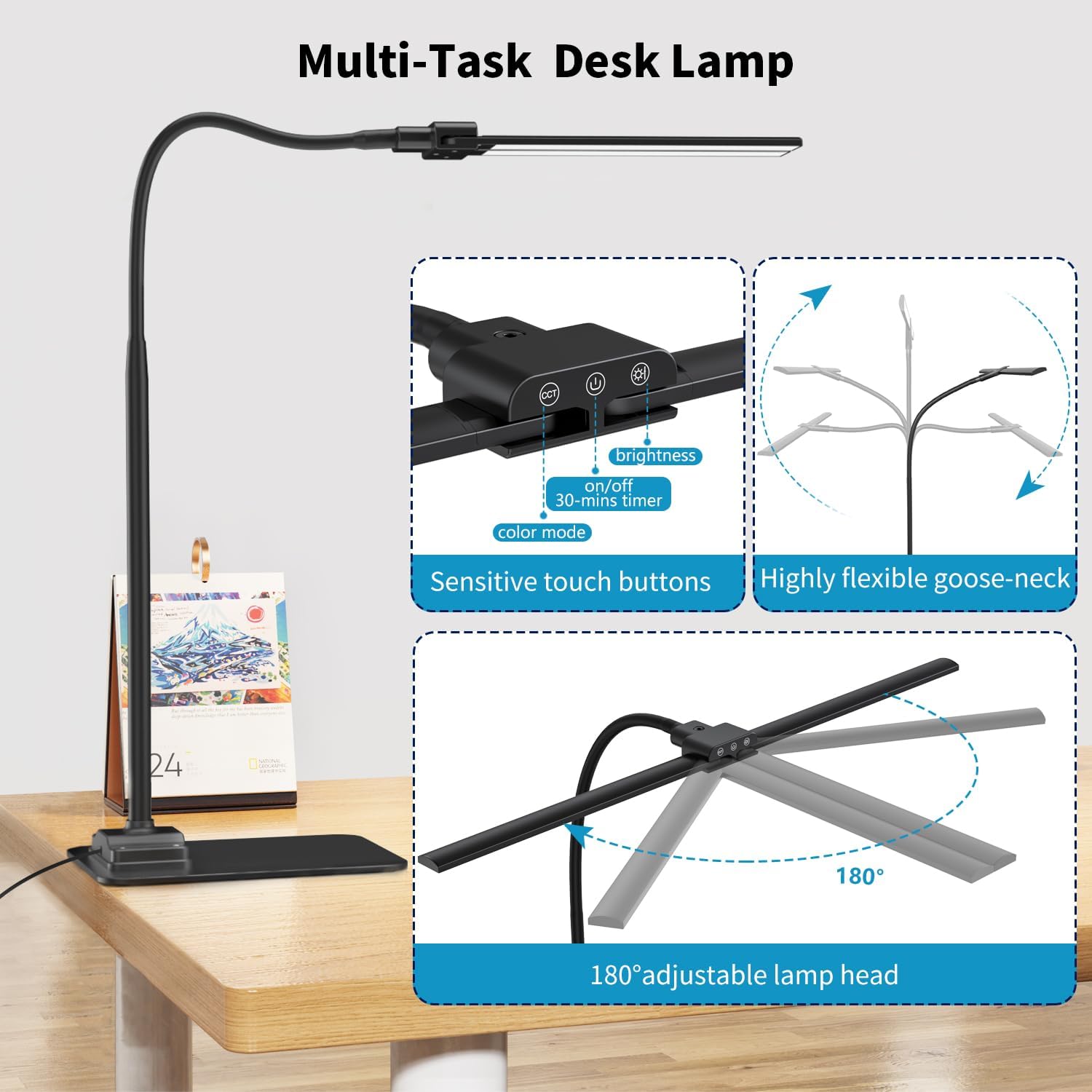 LED Desk Lamp Double Light: 1200LM Desk Light Base for Home Office, Black | Dual Screen Computer Monitor Light