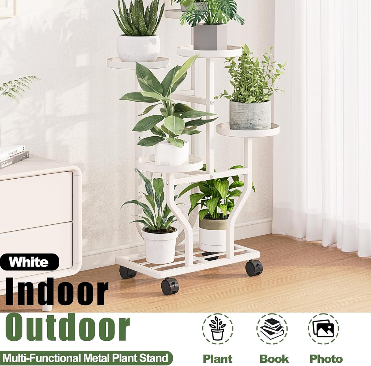 Plant Stand with Wheels, White 5 Tier Metal Plant Shelf for Indoor Outdoor | Corner Plants Stand Indoor for Bedroom