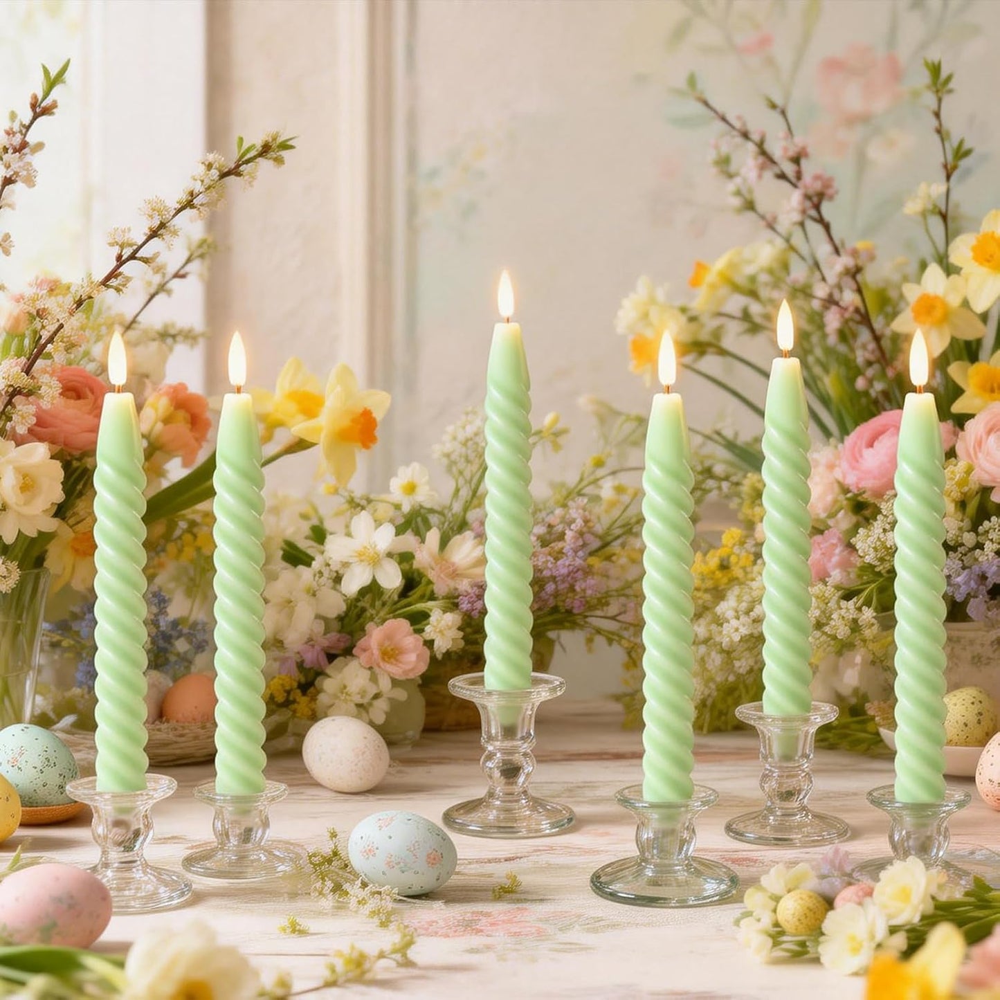 Green Flameless Taper Candles Flickering with Remote Timer | LED Spiral Taper Candles, Flameless Candlesticks, Battery