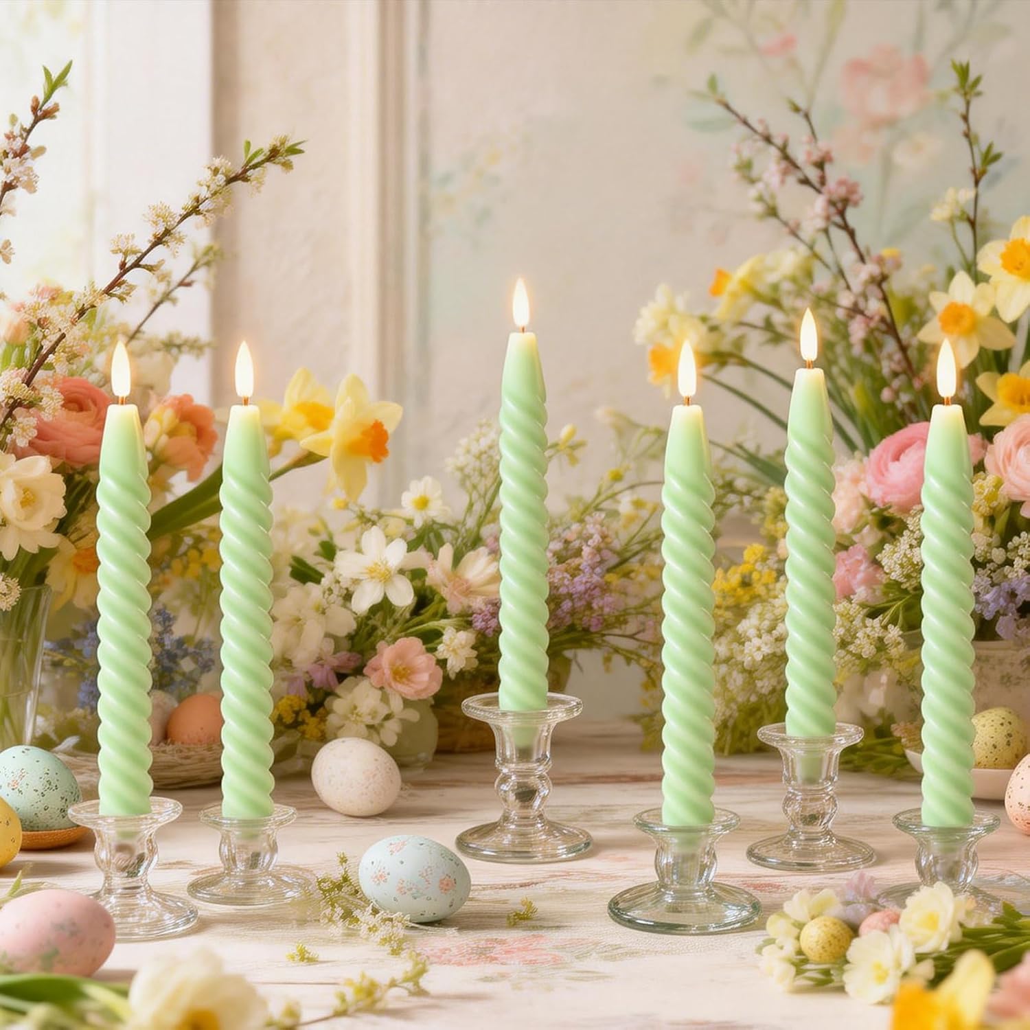 Green Flameless Taper Candles Flickering with Remote Timer | LED Spiral Taper Candles, Flameless Candlesticks, Battery