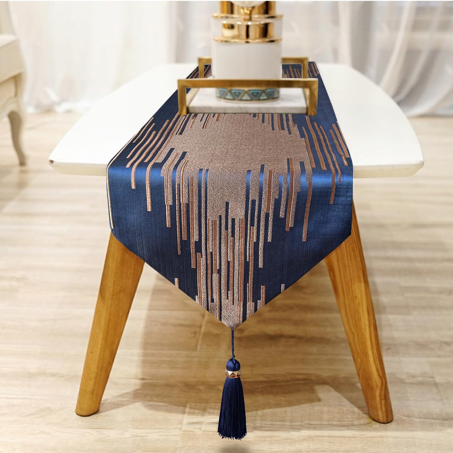 Luxury Blue Table Runner 13x98 Inch, Modern Abstract Geometric, Tassels | Handmade Gold Embroidery, Thick Double Layer