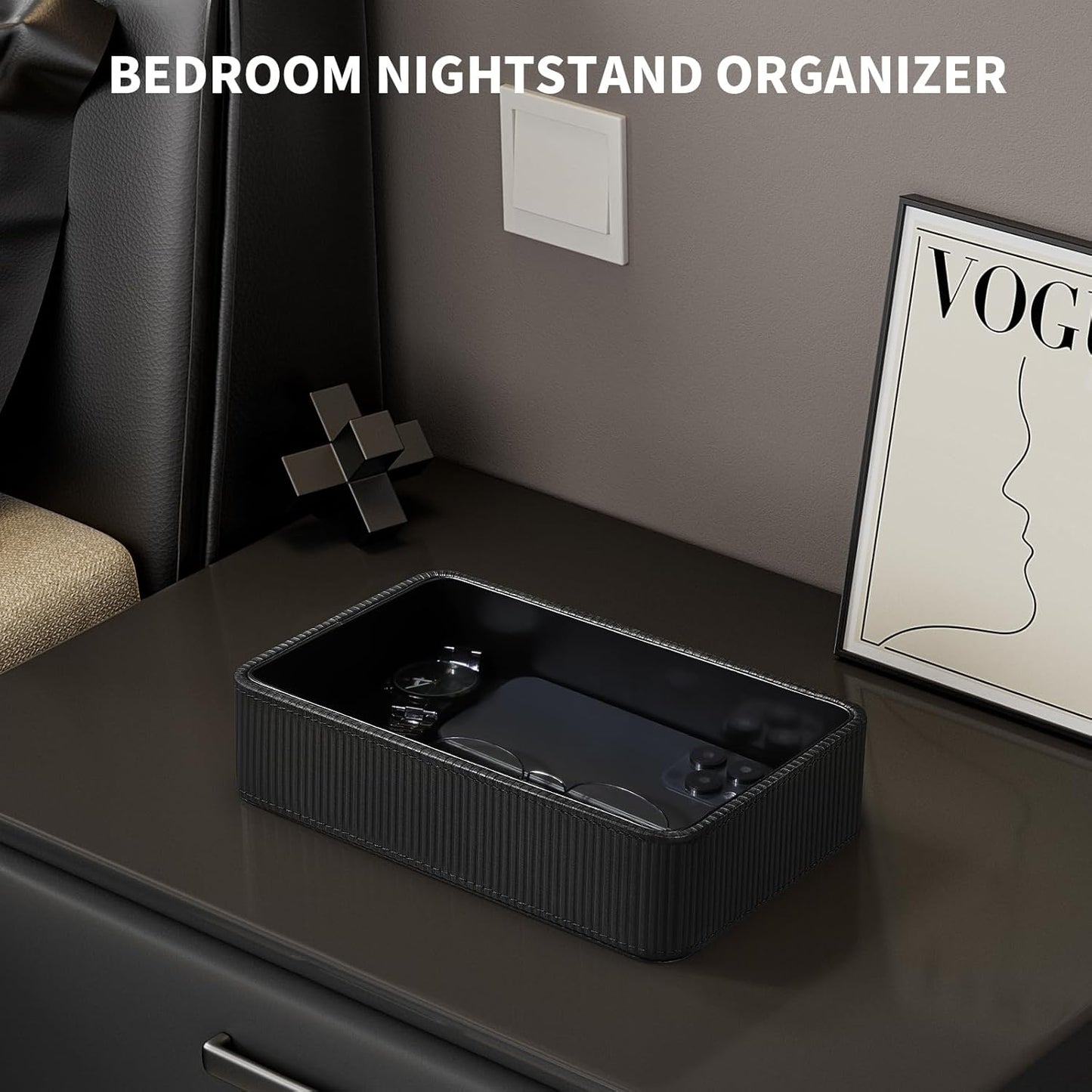 PU Leather Valet Tray Organizer / Black / 9.5 x 5.9 x 2.2