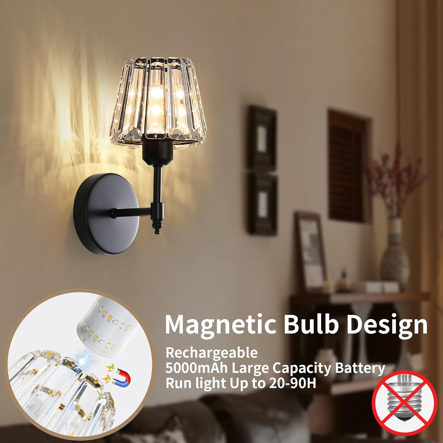 Battery Operated Crystal Wall Sconce Set of 2, Black Rechargeable Wireless Wall Sconces with Remote Dimmable 12 Colors