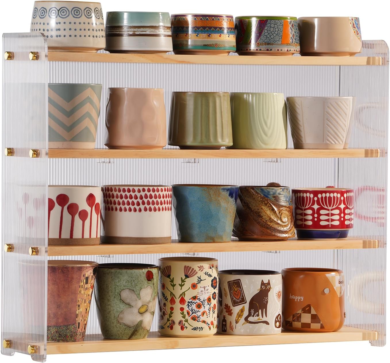 Mug Shelf 4-Tier Walnut Coffee Cup Displays,Kitchen Spice Storage | PMMA Acrylic,Surface Polished Walnut