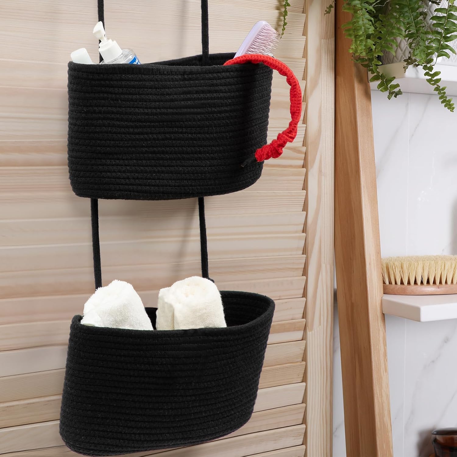 3-Tier Woven Cotton Wall-Mounted Storage Organizer Bag Decorative Hanging Nursery / Black