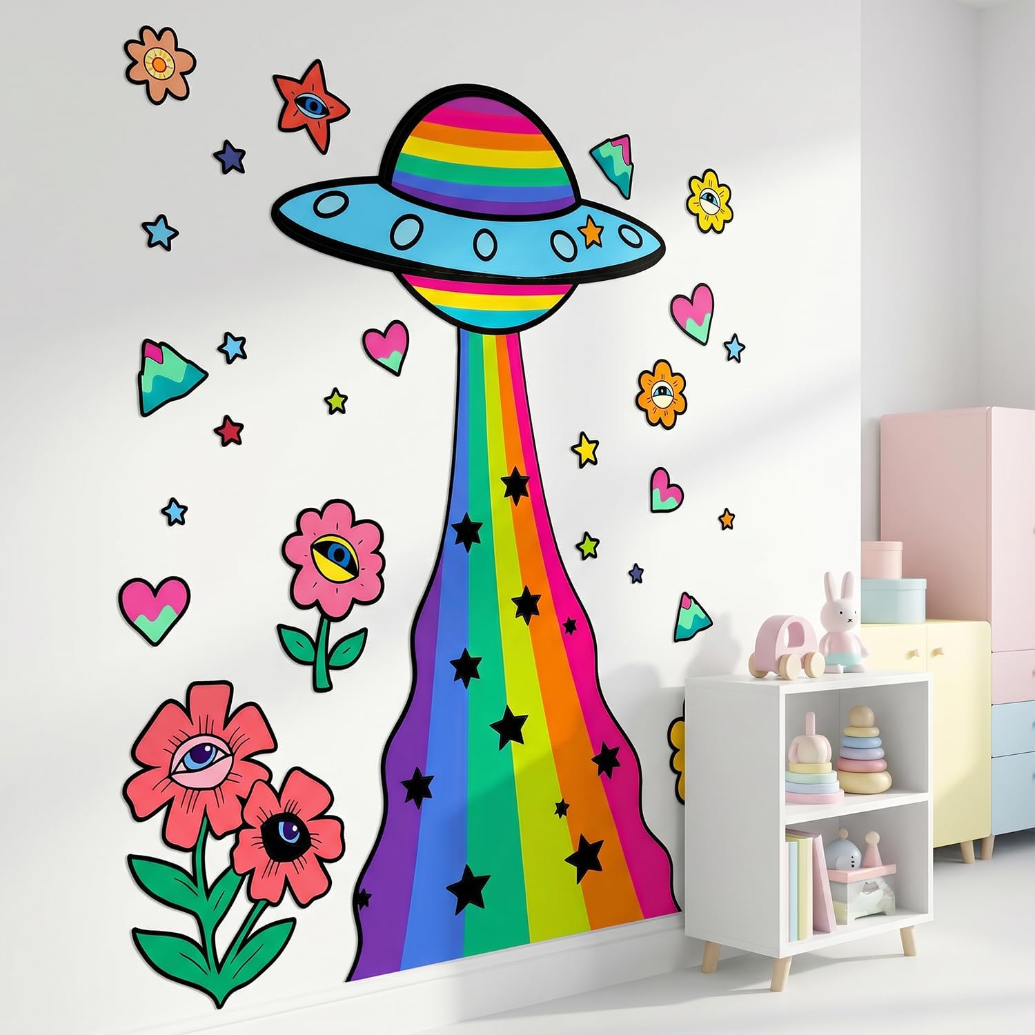 Trippy UFO Rainbow Eye Flower Peel and Stick Vinyl Wall Decals Decor Art