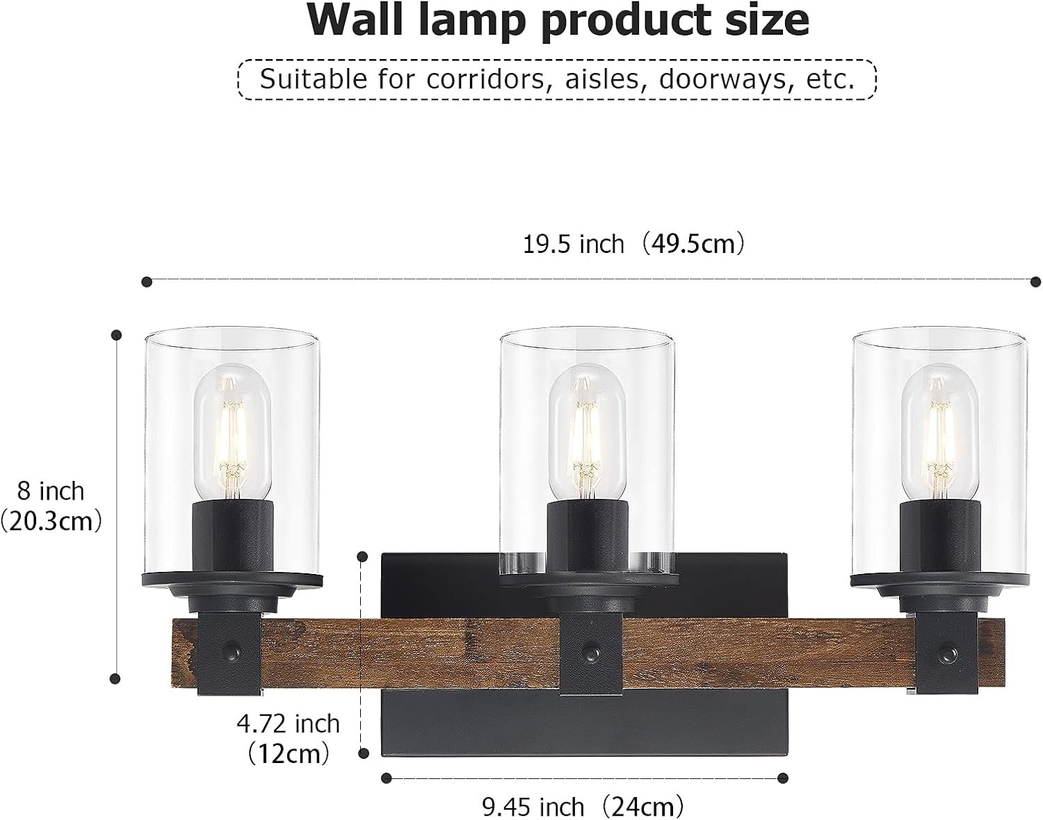 DUJAHMLAND Farmhouse Vanity Light Fixture,3-Light Bathroom Wood Wall Light Over Mirror with Clear Glass Shade, Rustic