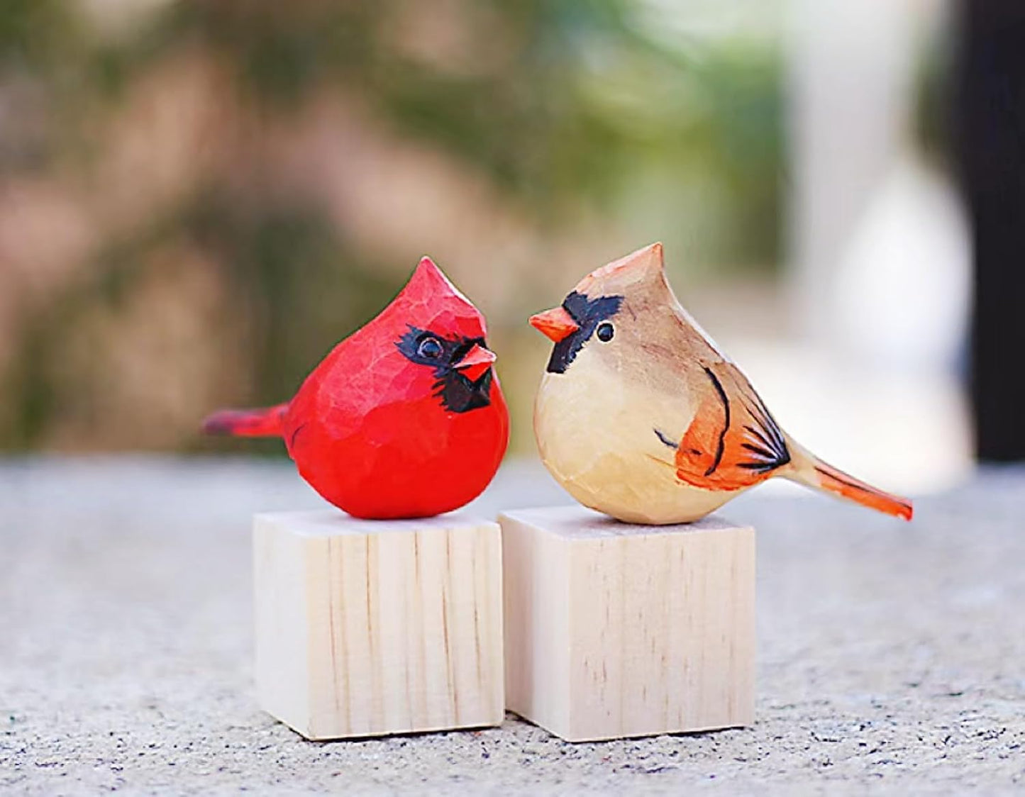 Hand-Carved Wooden Northern Cardinal Figurines / Red & Brown