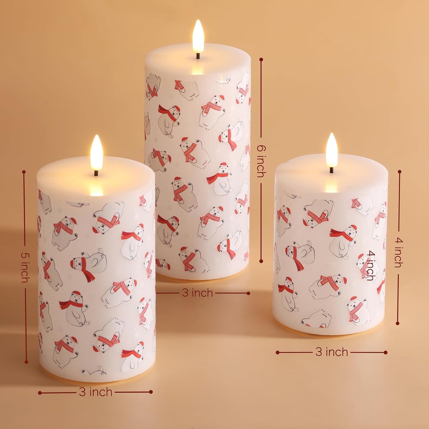 Bear Winter Christmas LED Pillar Candles with Remote Set of 3 | Flickering Flameless Wax Candles, Flat Top, 2 AA