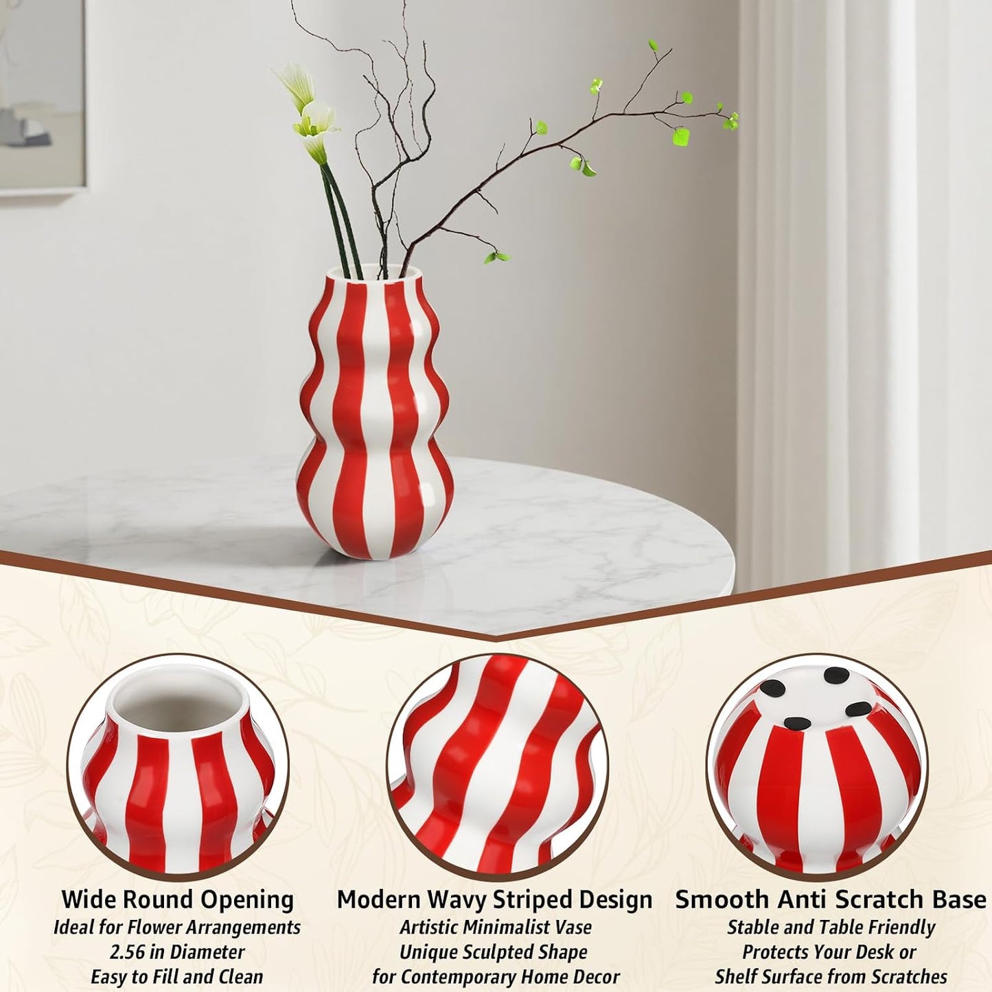 White Ceramic Vase / Red / 8.66 Inch
