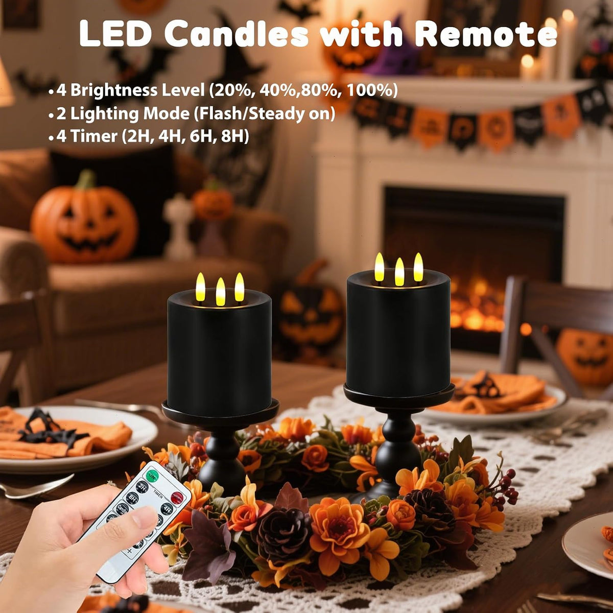 Large 3 Wick Flameless Candles Set of 2, 4"x4" Flickering LED Candles with Remote & Timer, Dimmable Real Wax Electric