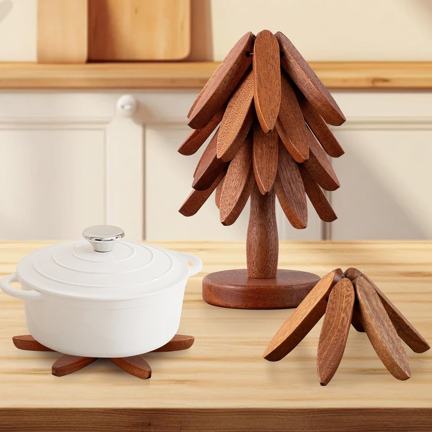 Vertdens Wooden Trivets for Hot Dishes, Hot Dish Coaster with Tree-Shaped Wood Collapsible Hot Pad Trivet Tree for