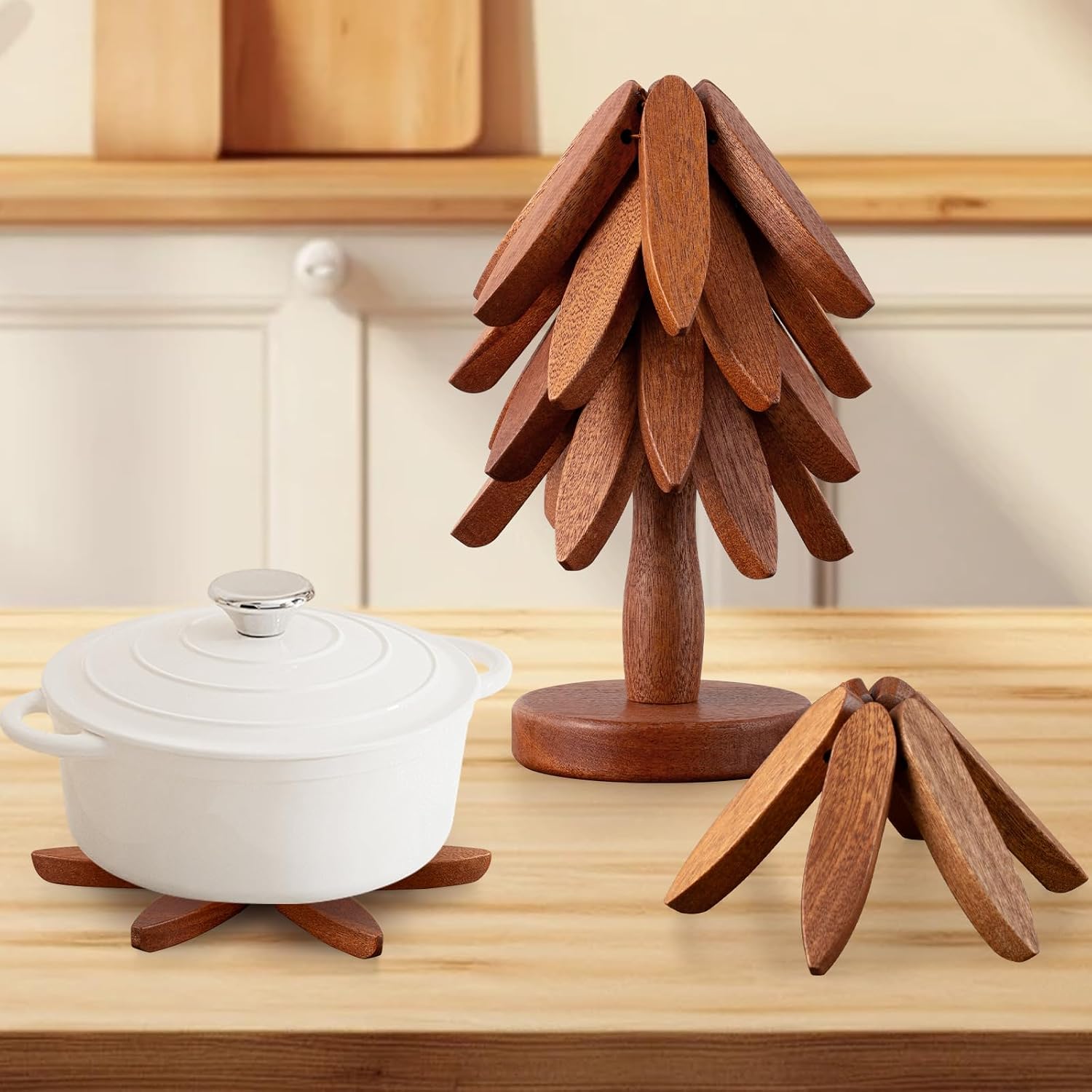 Vertdens Wooden Trivets for Hot Dishes, Hot Dish Coaster with Tree-Shaped Wood Collapsible Hot Pad Trivet Tree for