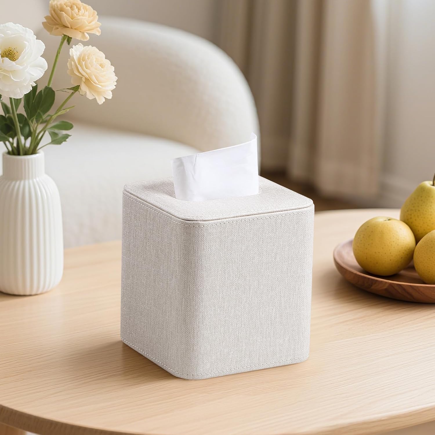 Square Linen Tissue Box Cover / Beige
