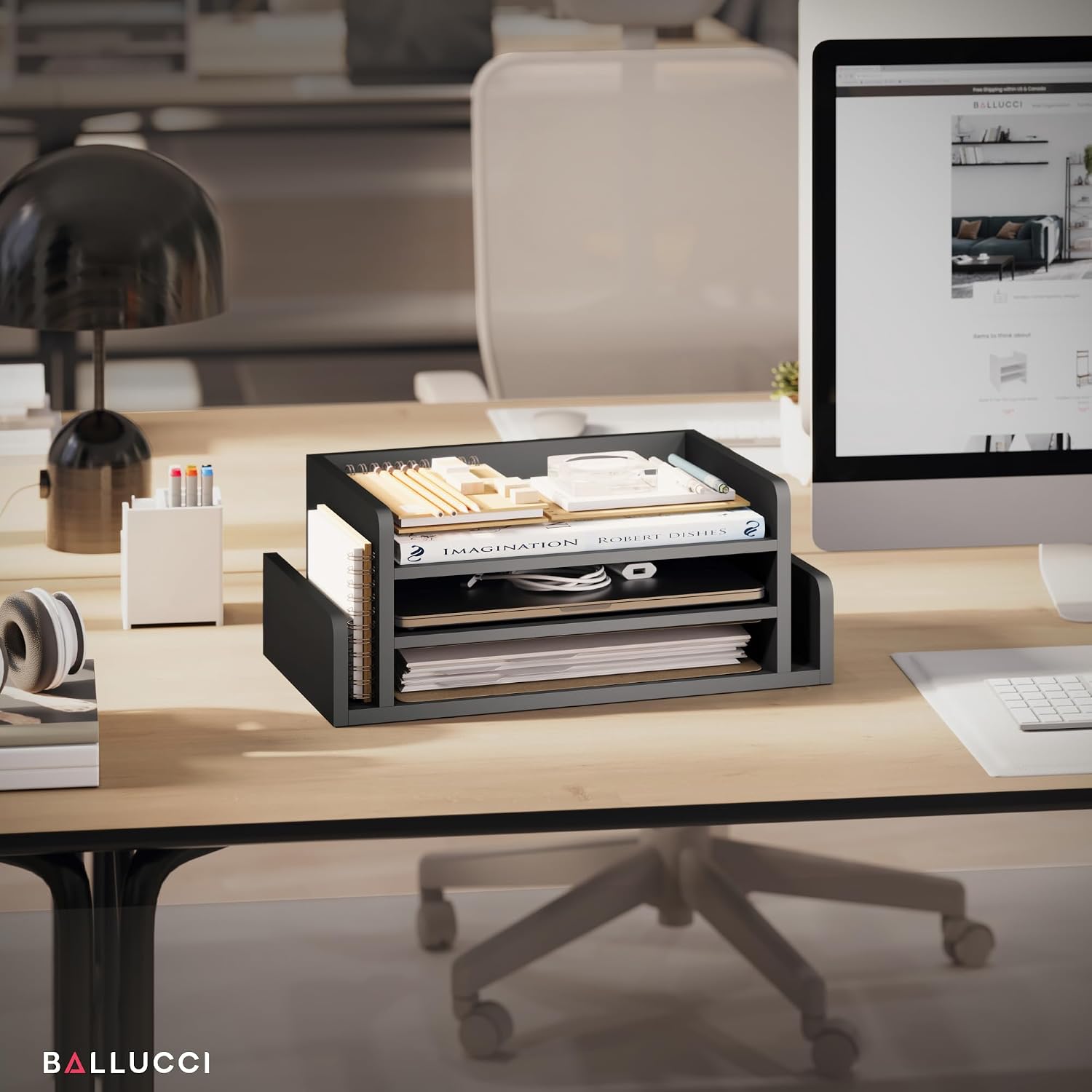 Ballucci 3-Tier Desk Organizer with 2 Side Mail Sorter Slots, Wood Letter Tray, Open Top Paper Organizer, Desktop File