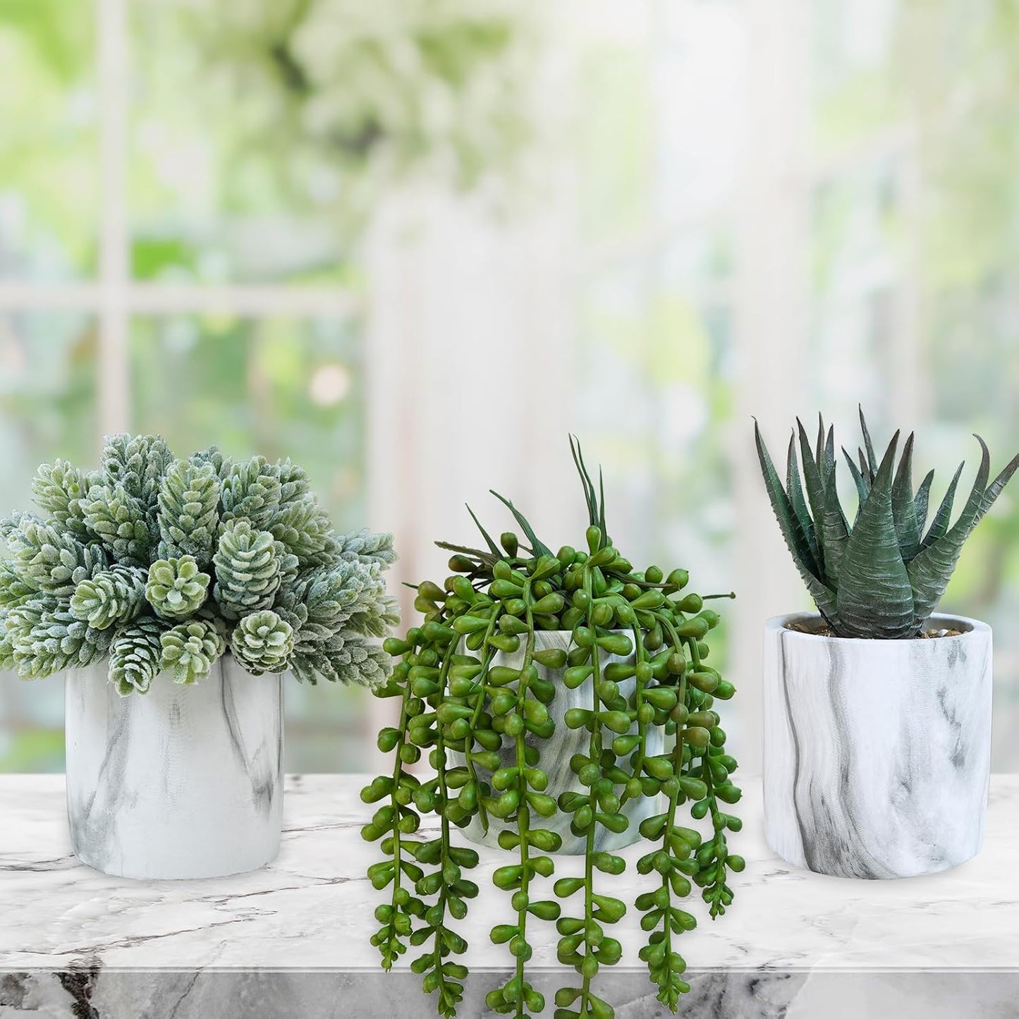 Small Artificial Succulent Potted Plants Fake Aloe Hops String of Pearls in Modern Marble / Set of 3
