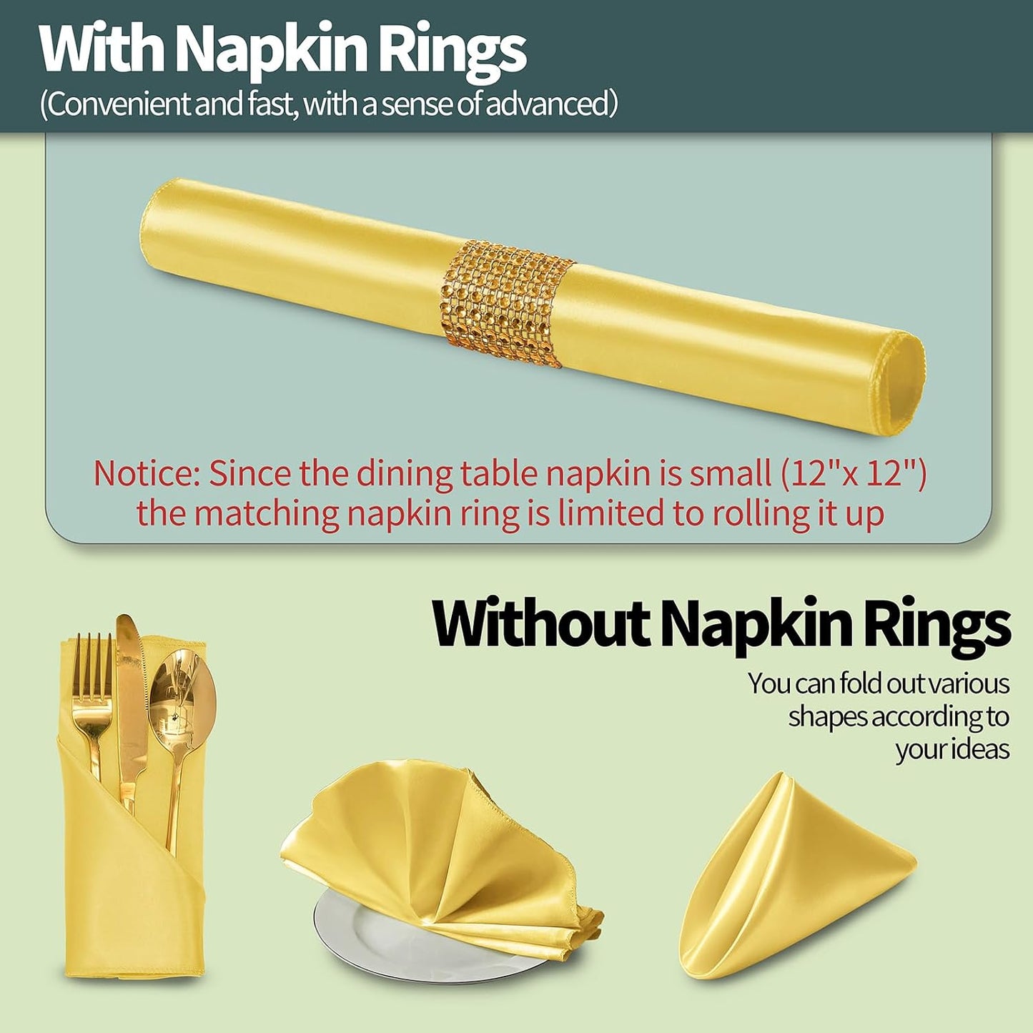 Gold Satin Napkins & Napkin Rings Set, 100 Pack, 12x12 Inch | Set of 50 Napkins, Silky Soft Cloth, Square Satin Dinner