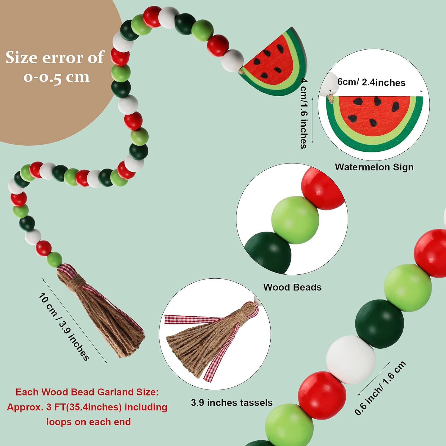Fresh Color Watermelon Wood Bead Garland Summer Decor / Set of 2
