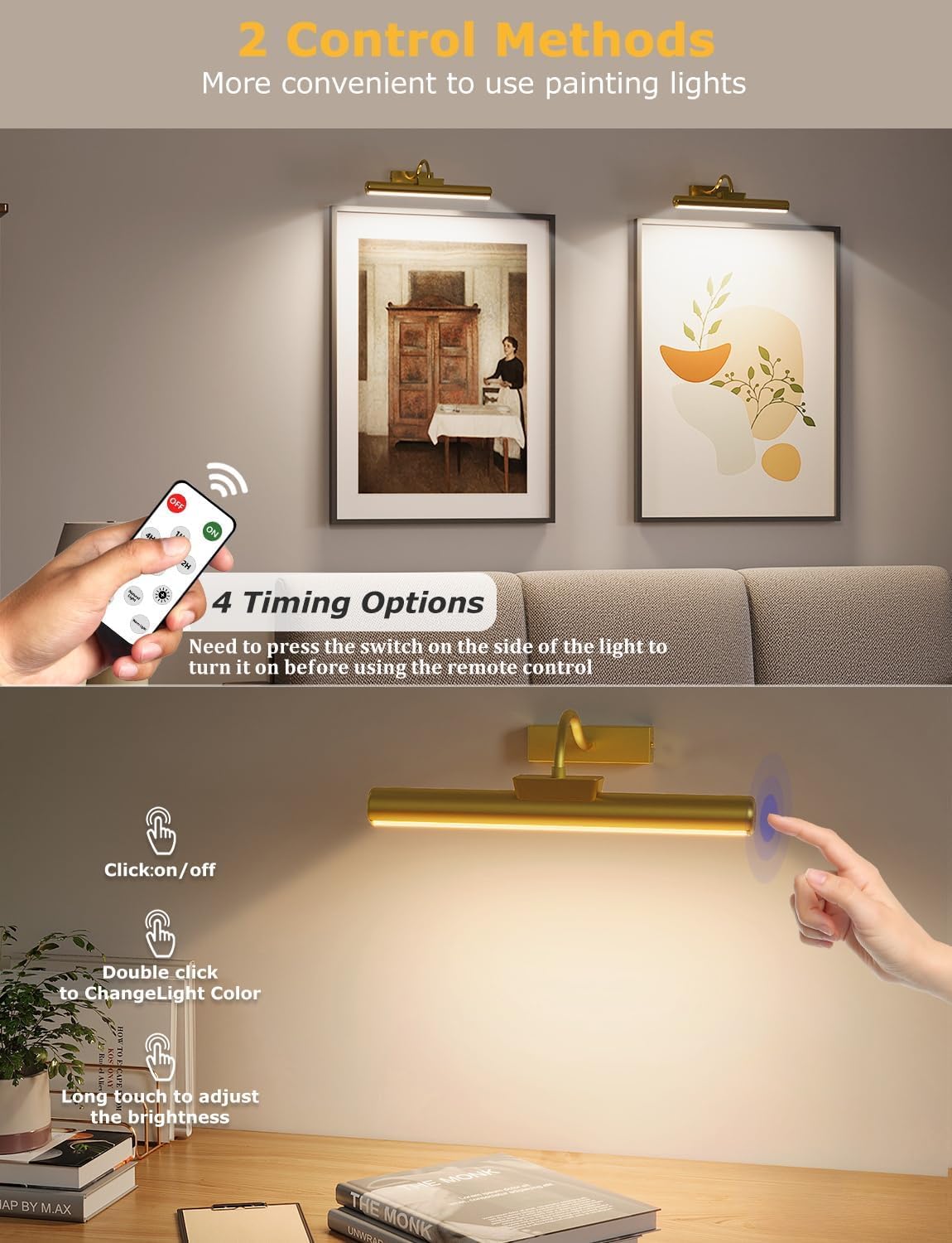 13" Wireless Picture Lights for Wall, Rechargeable Art Light, 2Pack Gold | Aluminum Photo Frame Light, Remote & Touch