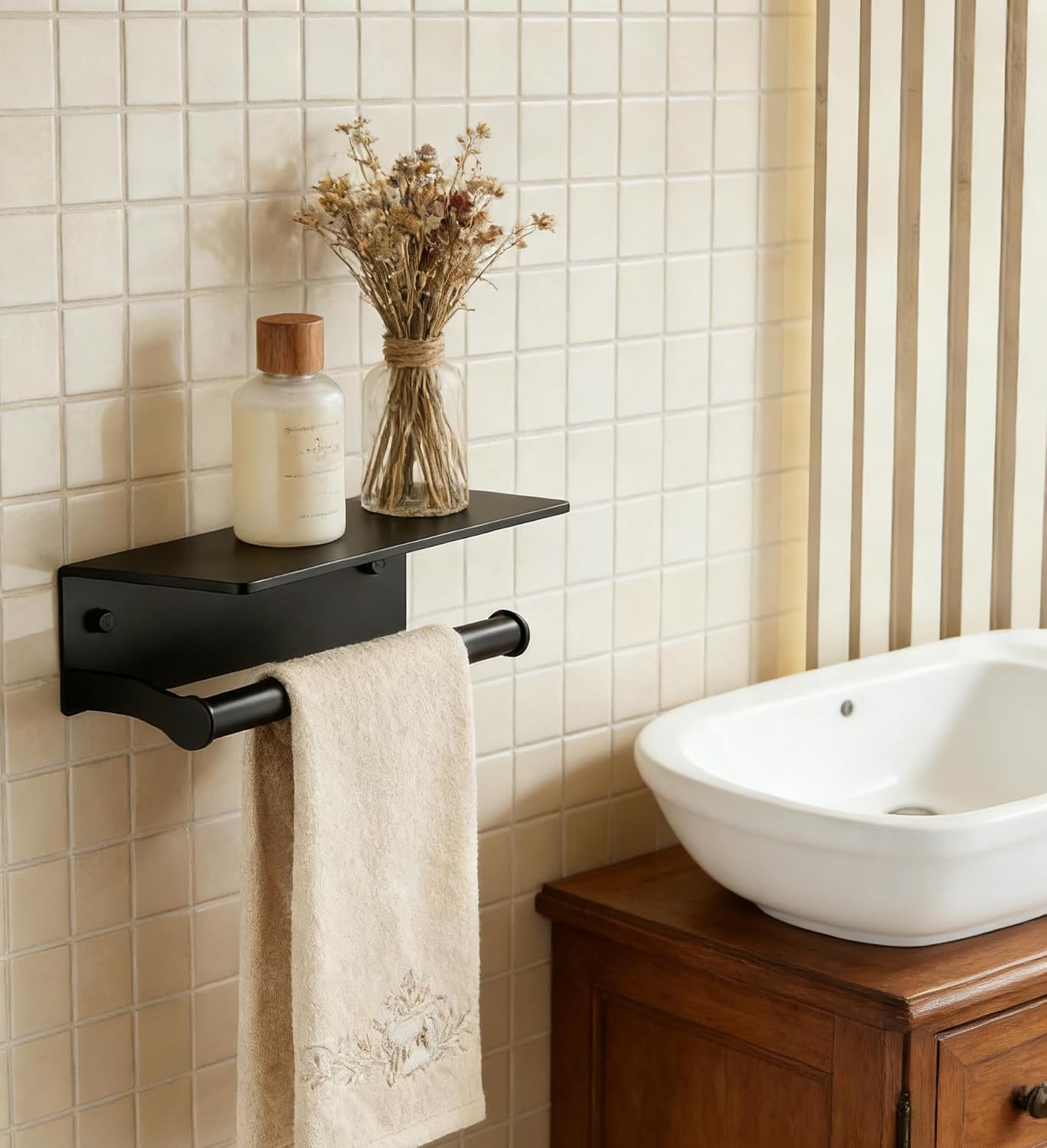 Black Paper Towel Holder Wall Mount with Thickened Shelf for Bathroom,Matte Black Adhesive Hand Towel Holder,Bathroom