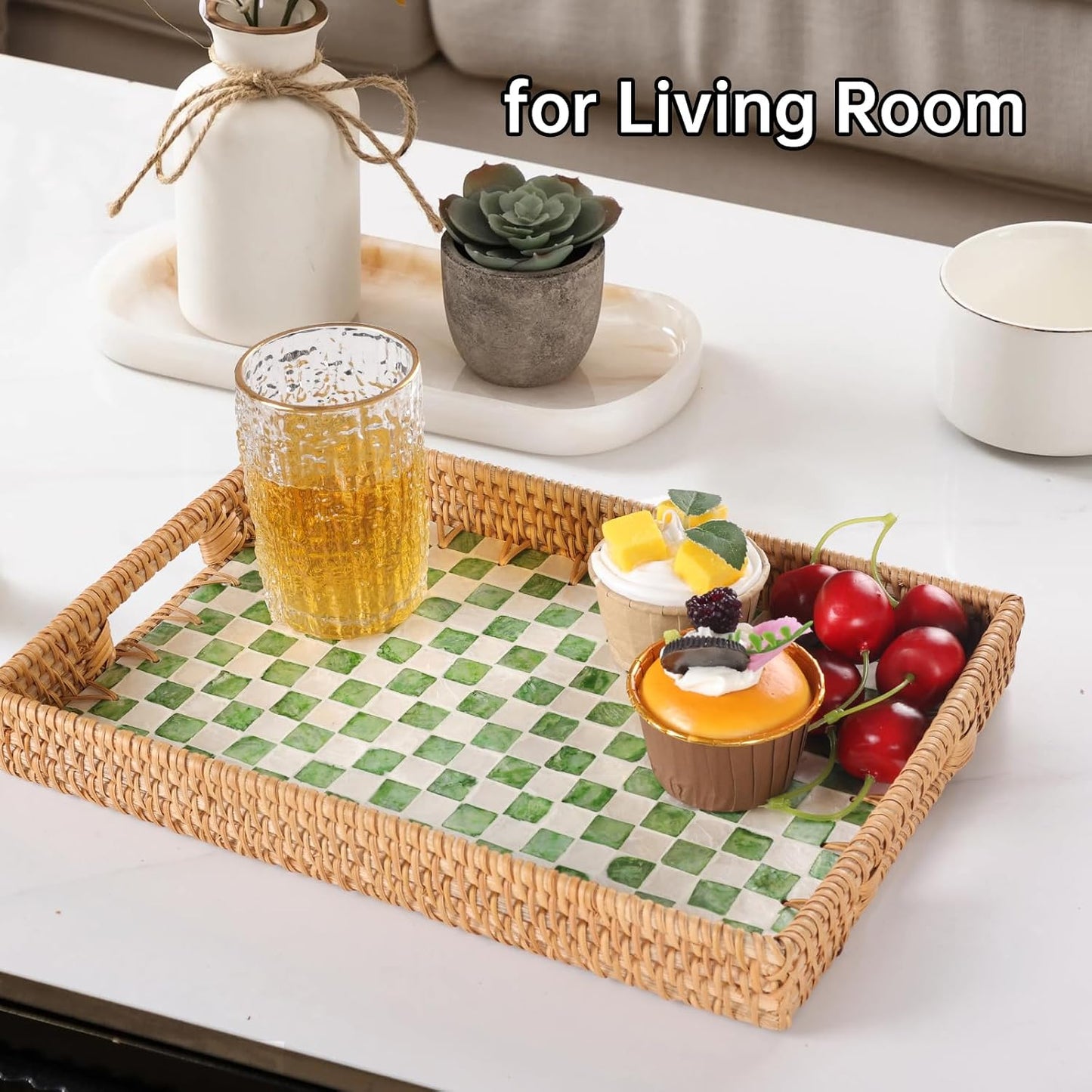 Rattan Serving Tray / Green Checkerboard