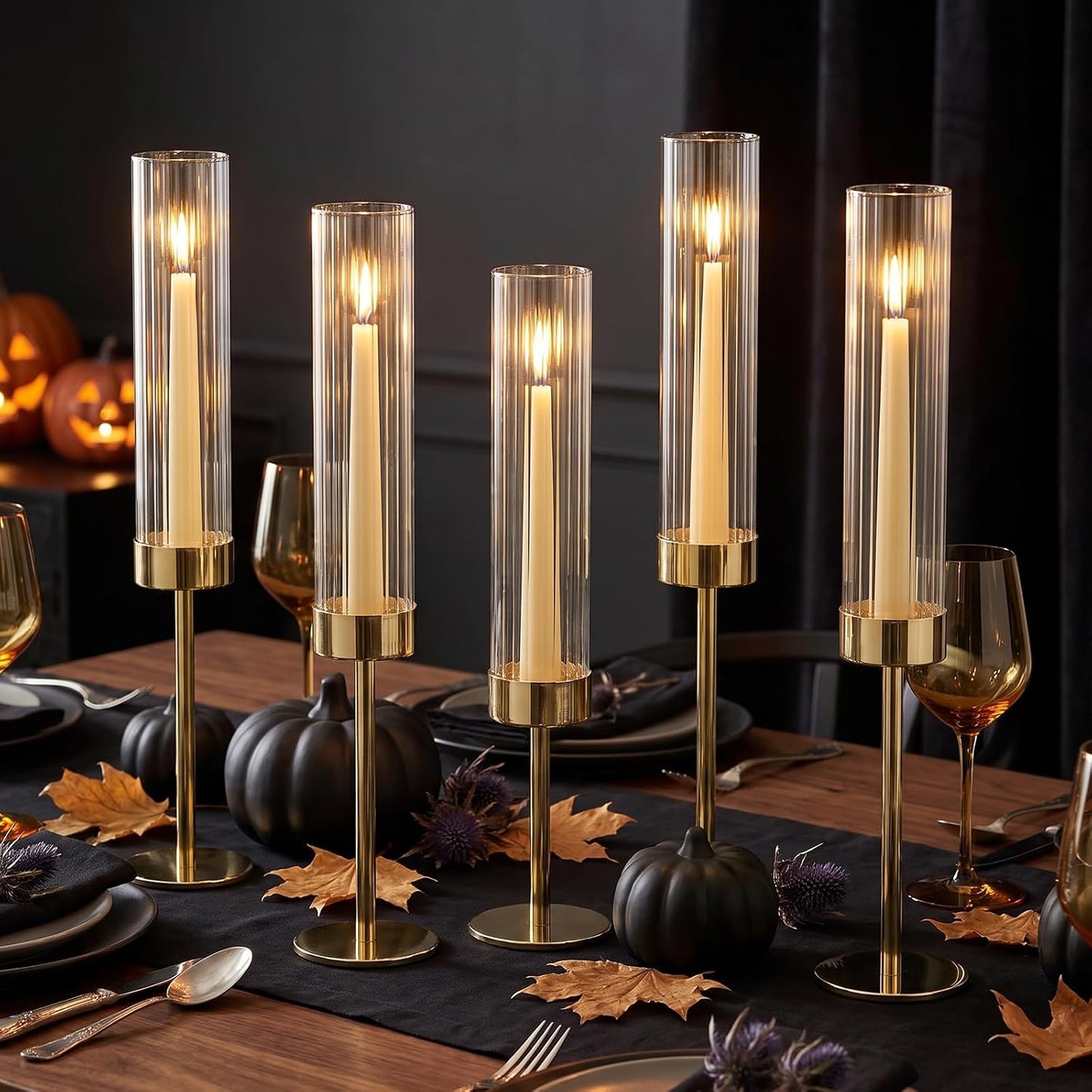 Gold Hurricane Taper Candle Holders,2 Sets(6 Pcs) Brass Tall Candlestick Holders with Ribbed Glass Cylinder, Table