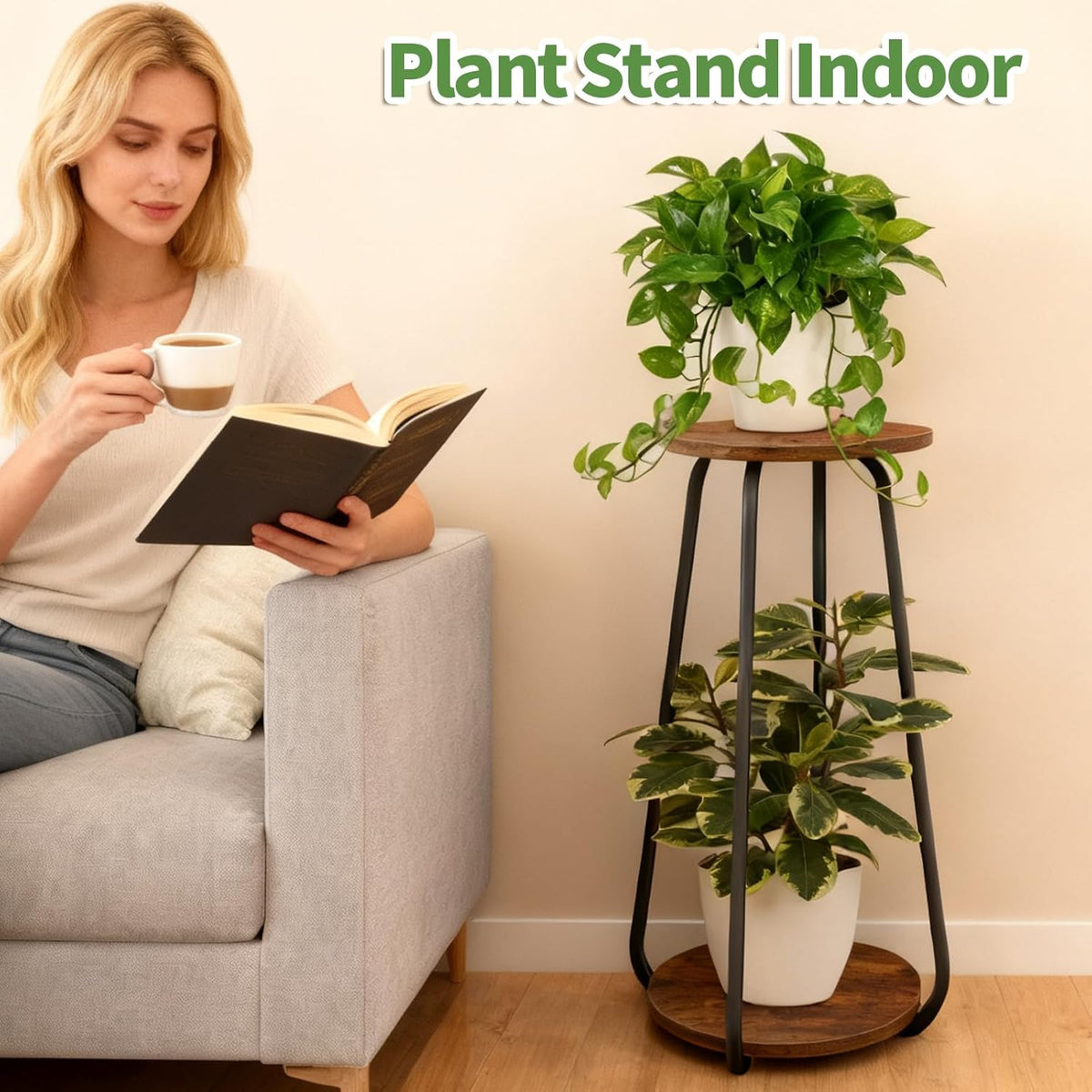 Plant Stand Indoor, 2 Tier Metal Wood Plant Shelf for Living Room, 2 Pack | Round Plant Pedestal Stands Saves Space