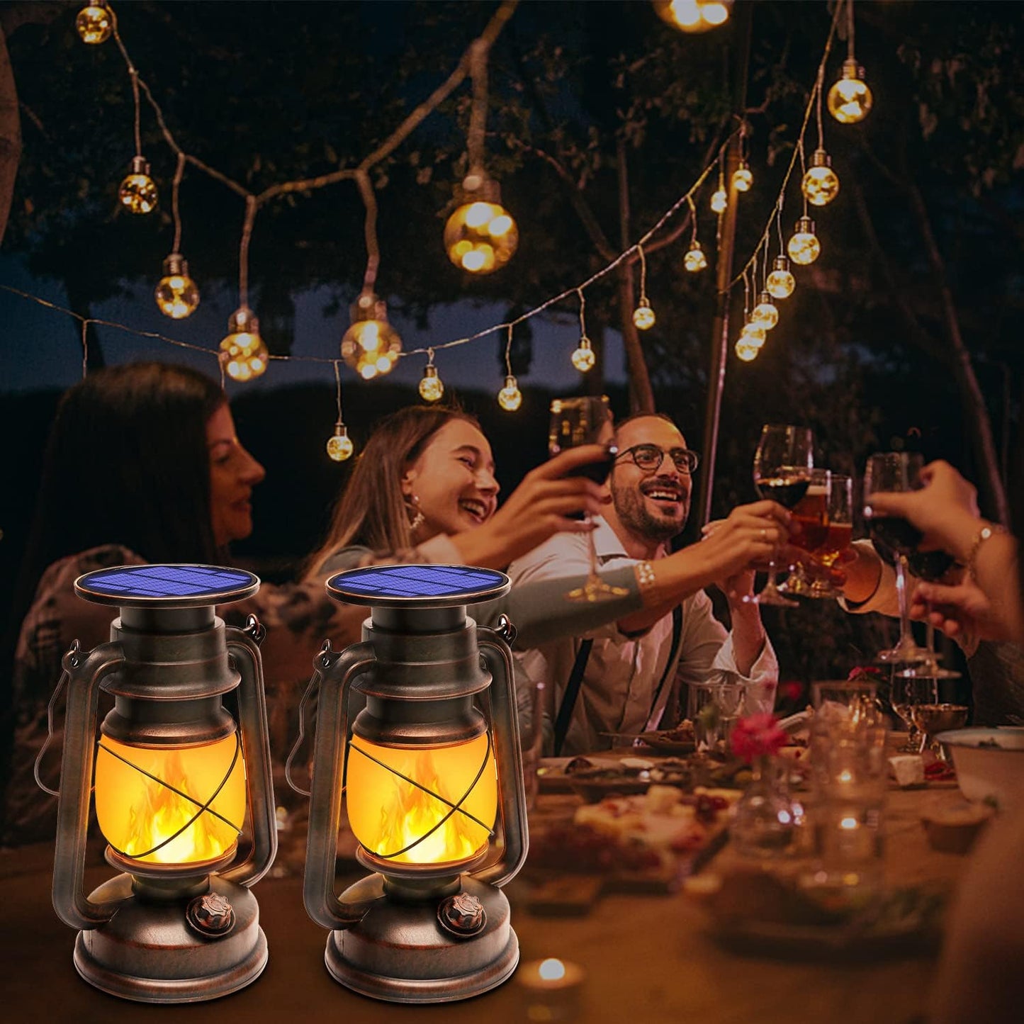 Outdoor Waterproof Solar Lanterns, 2 Pack Vintage Flickering Flame LED Hanging Lights with Auto On/Off, Rustic