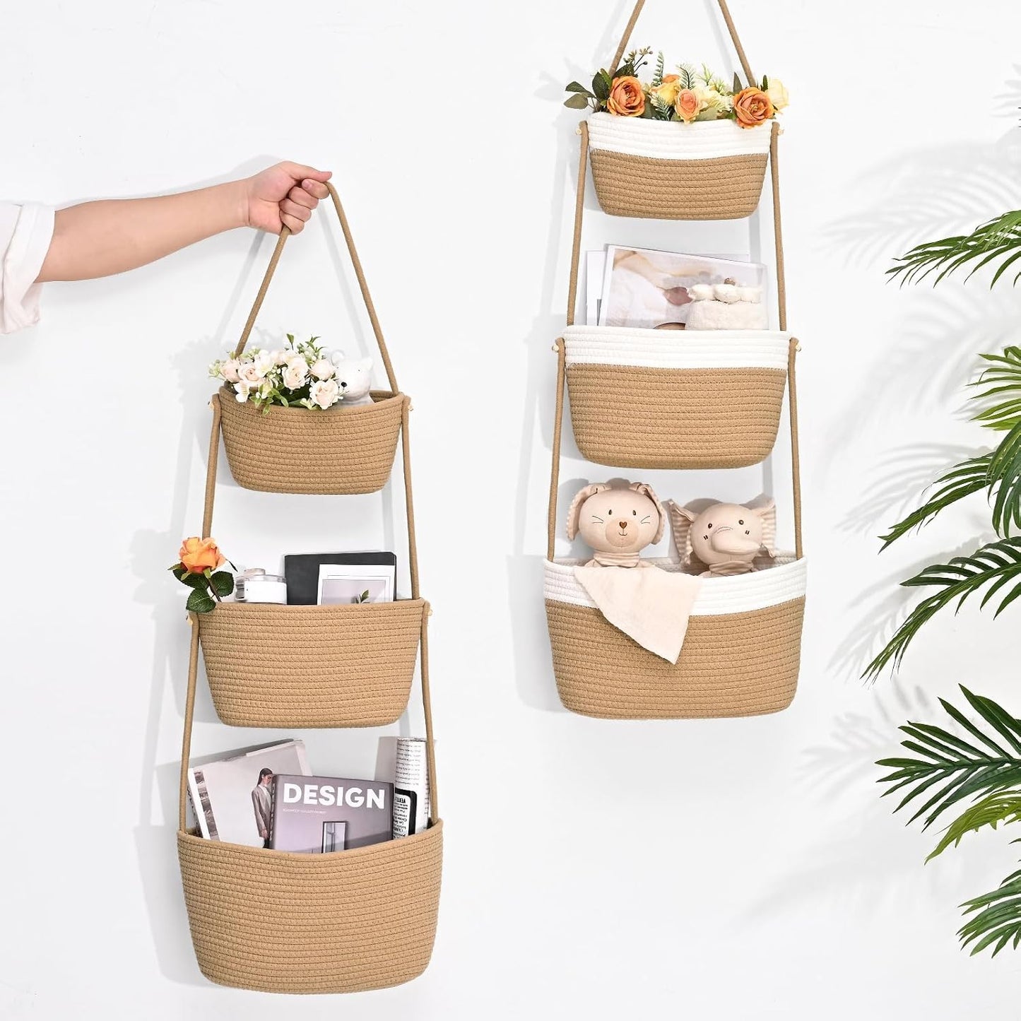 3-Tier Woven Wall Basket / Classic / Jute & White
