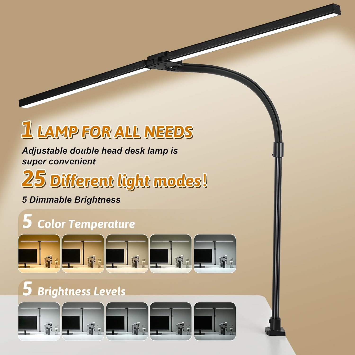 LED Desk Lamp with Clamp and Base, Dual Head Monitor Light | 24W Dimmable Eye-Caring Task Lamp with Timer, Anti-Glare