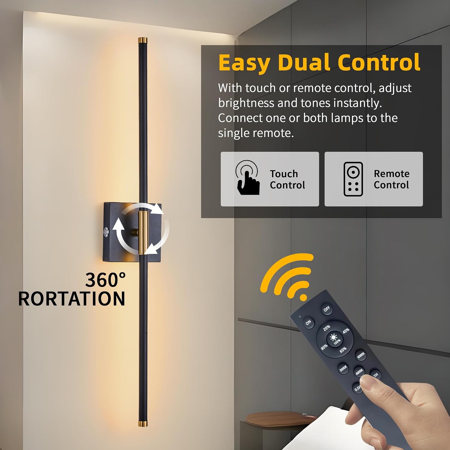 15800 mAh Battery Operated Wall Sconces with Remote Control Dimmable Wall Sconces Set of Two 3000K LED Black and Brass