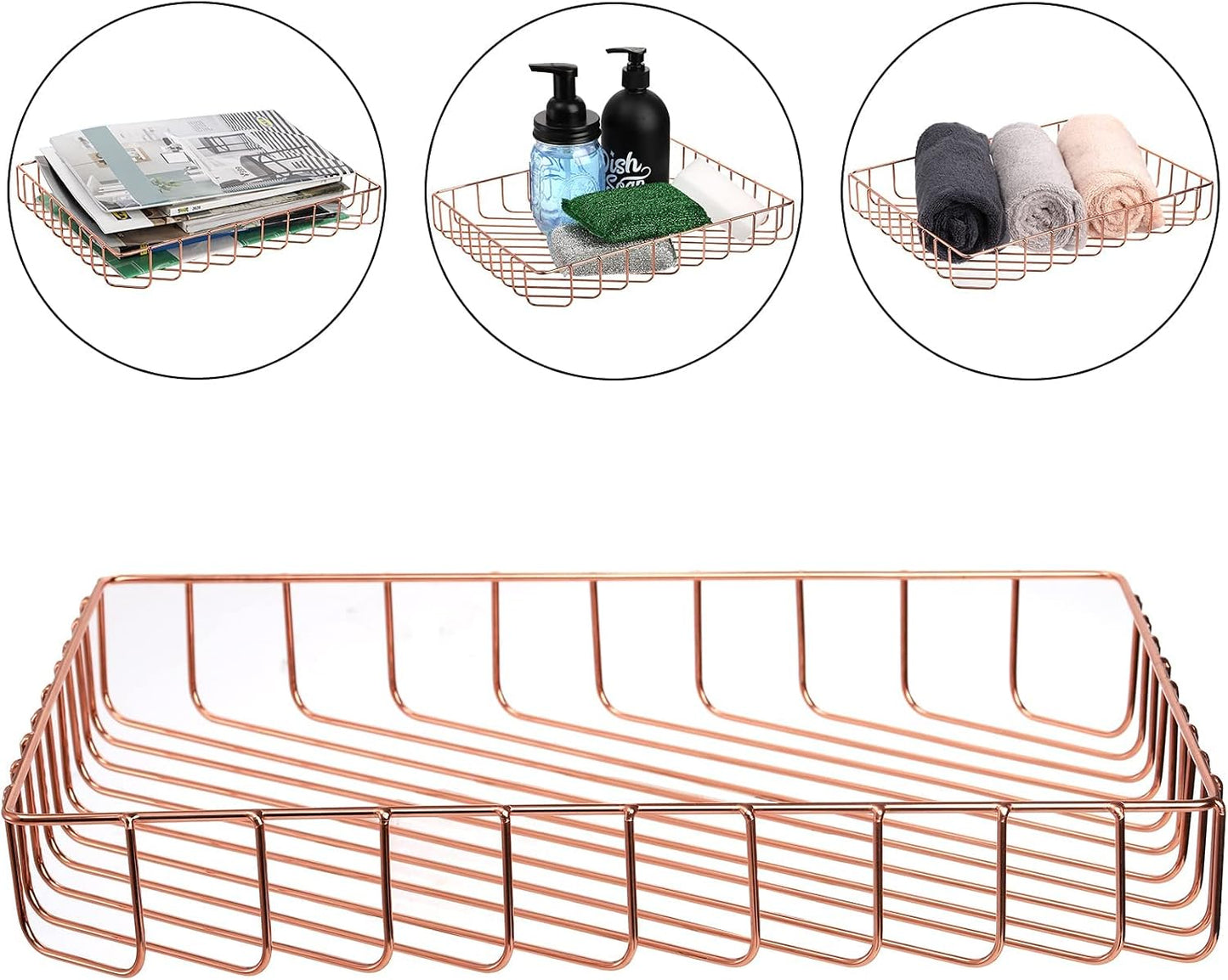 Okllen 3 Pack Wire File Tray, Rose Gold Desk Paper Letter Tray, Magazine Files Storage Basket Organizer Bin for Office