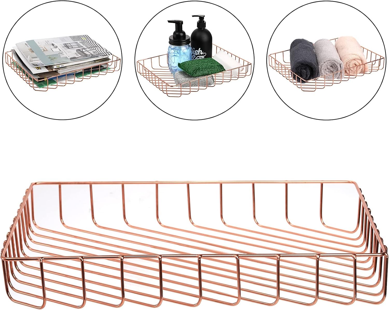 Okllen 3 Pack Wire File Tray, Rose Gold Desk Paper Letter Tray, Magazine Files Storage Basket Organizer Bin for Office